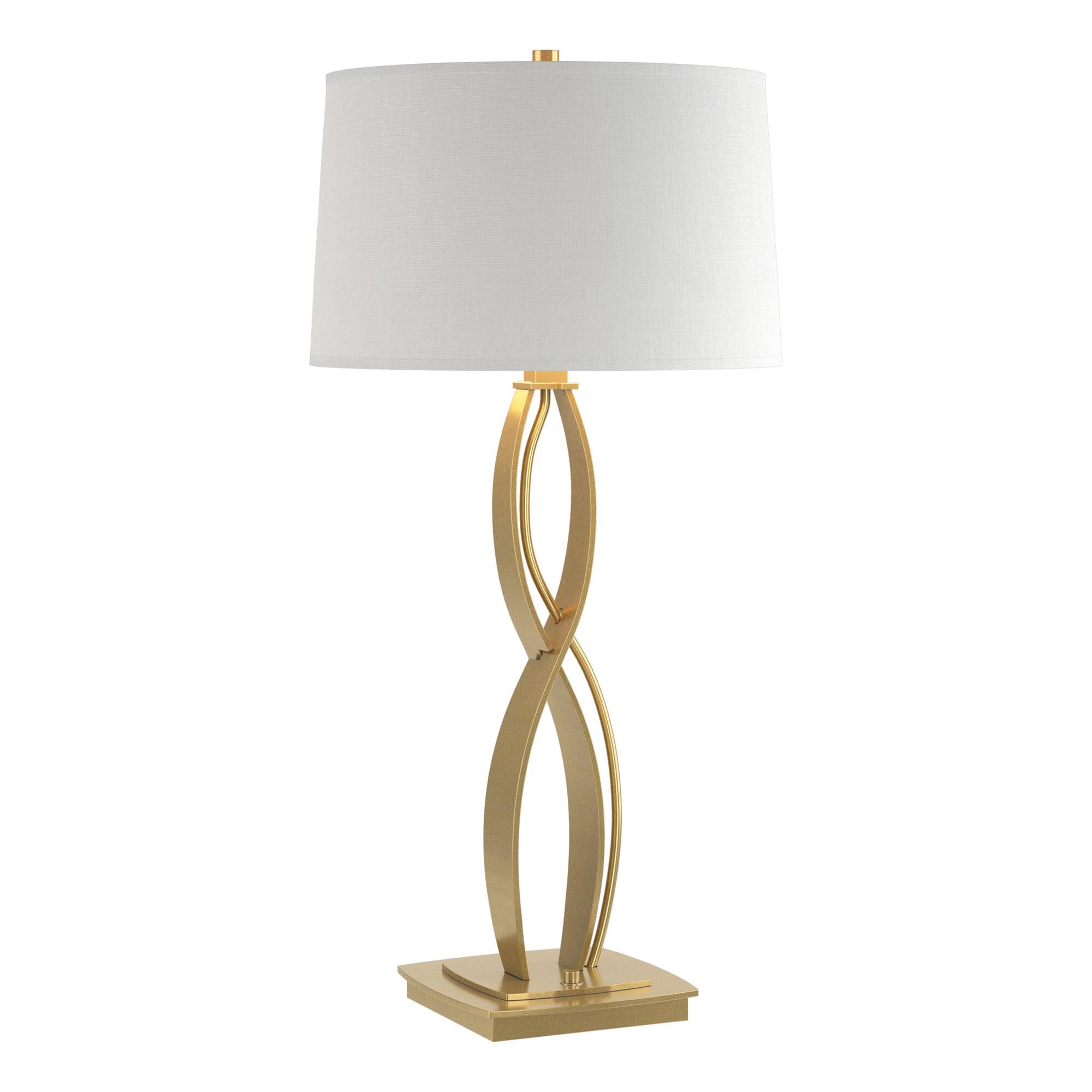 Shown in Modern Brass finish and Natural Anna shade