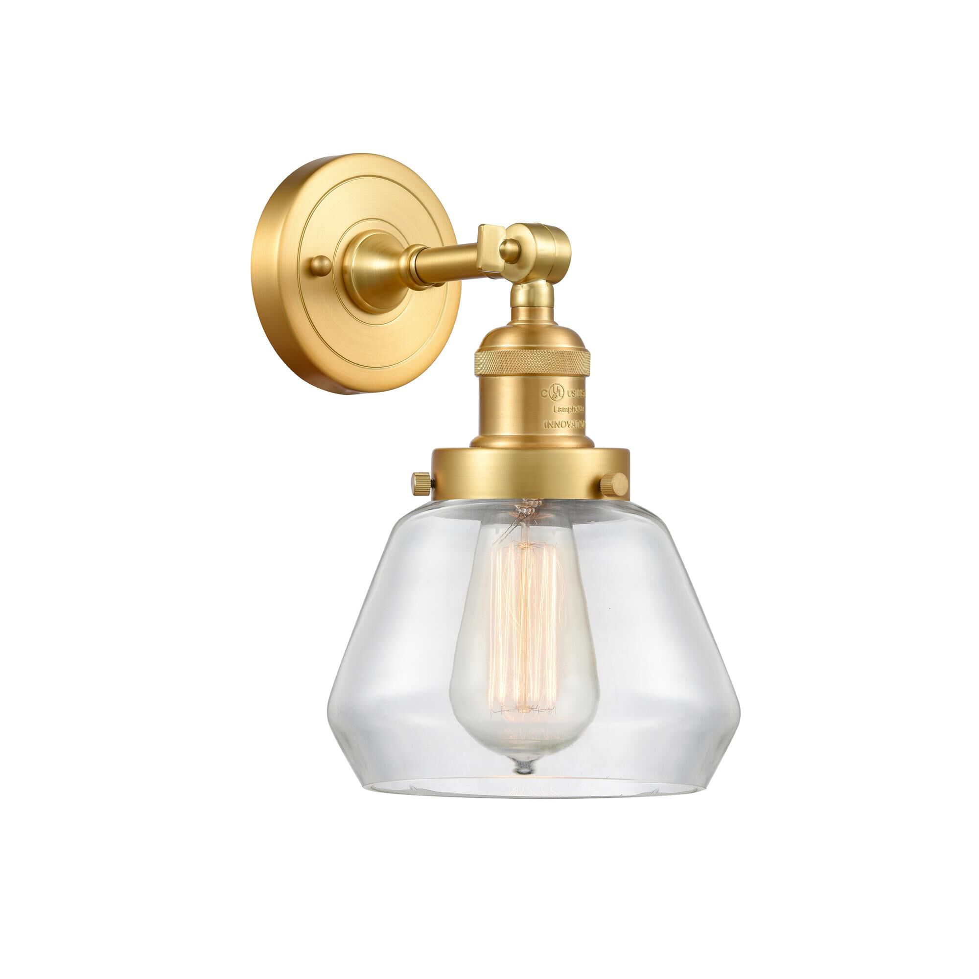 Shown in Satin Gold finish and Clear Fulton glass