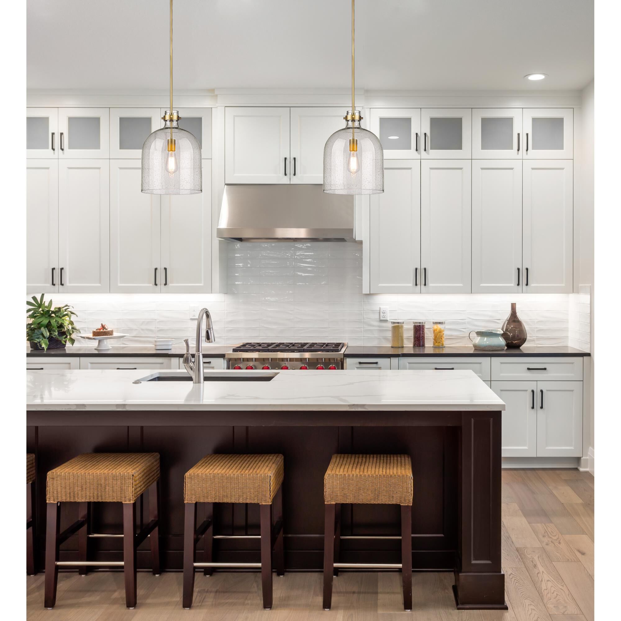 Shown in Rubbed Brass finish and Clear Seedy glass and No Shade shade