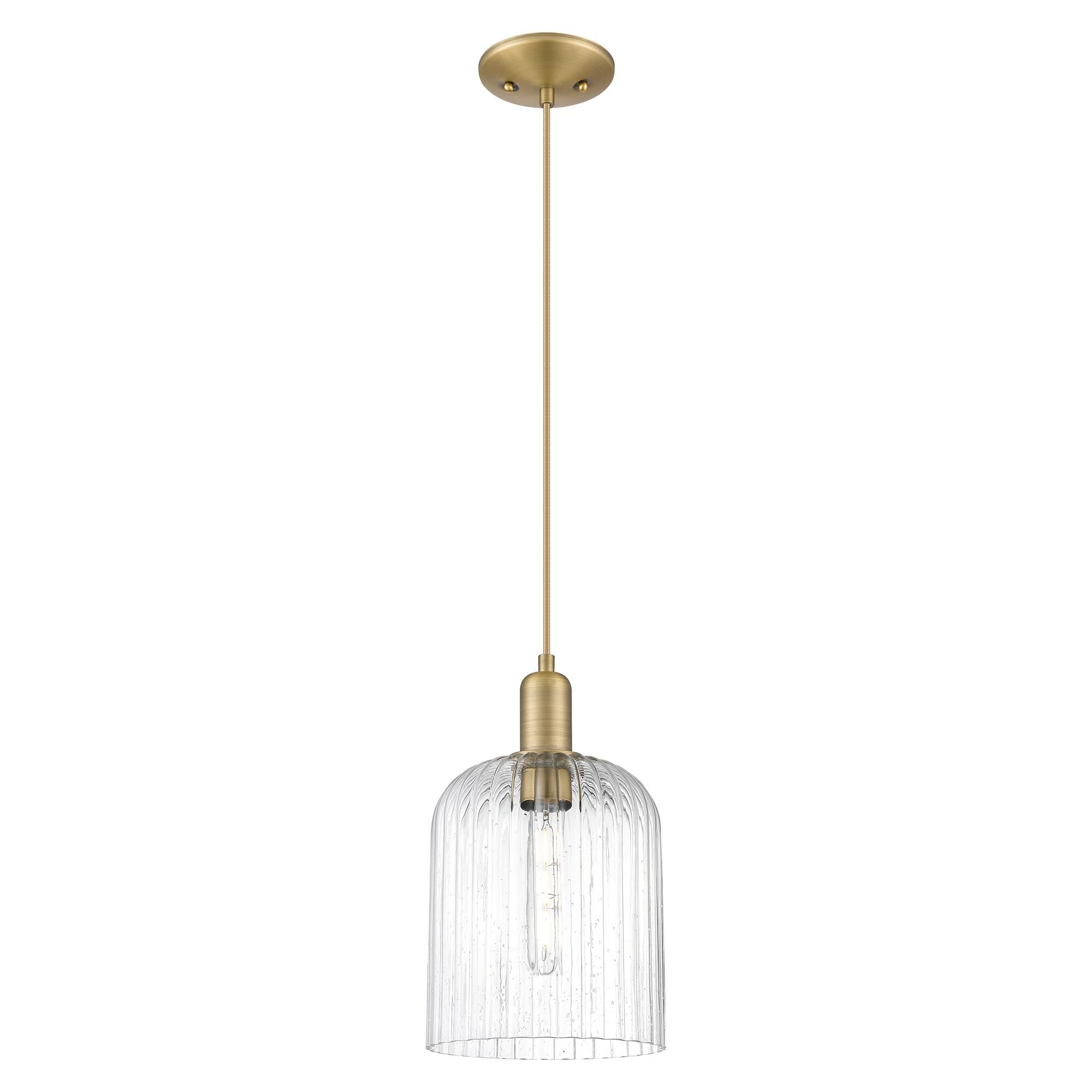 Shown in Brushed Brass finish and Seedy glass