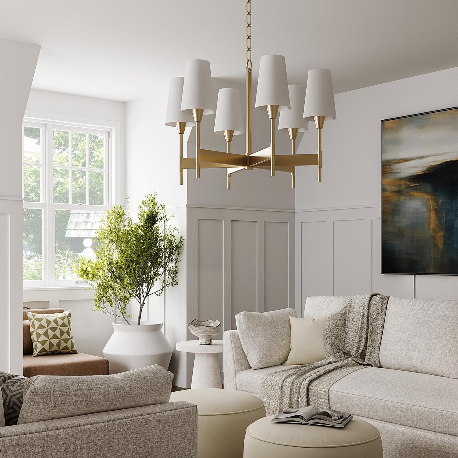 Shown in Aged Brass finish and White Fabric shade