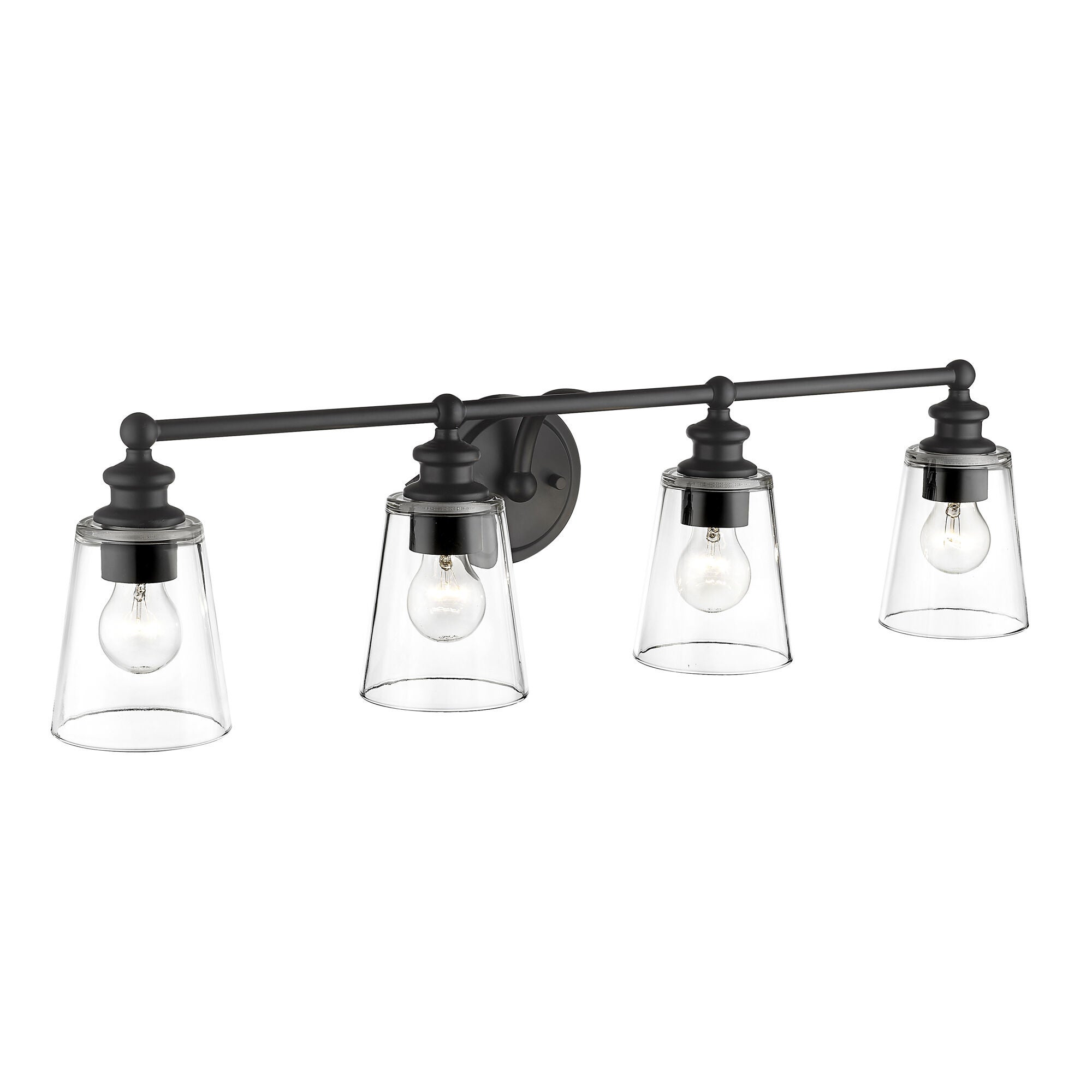 Shown in Matte Black finish and Clear glass and Clear, Cone Shaped Glass shade
