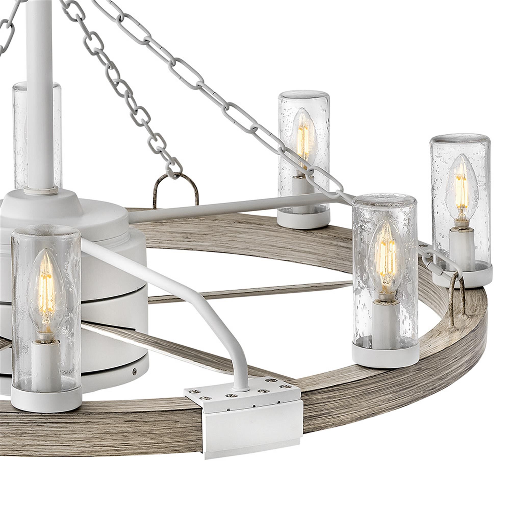 Shown in Matte White finish and Clear Seedy glass