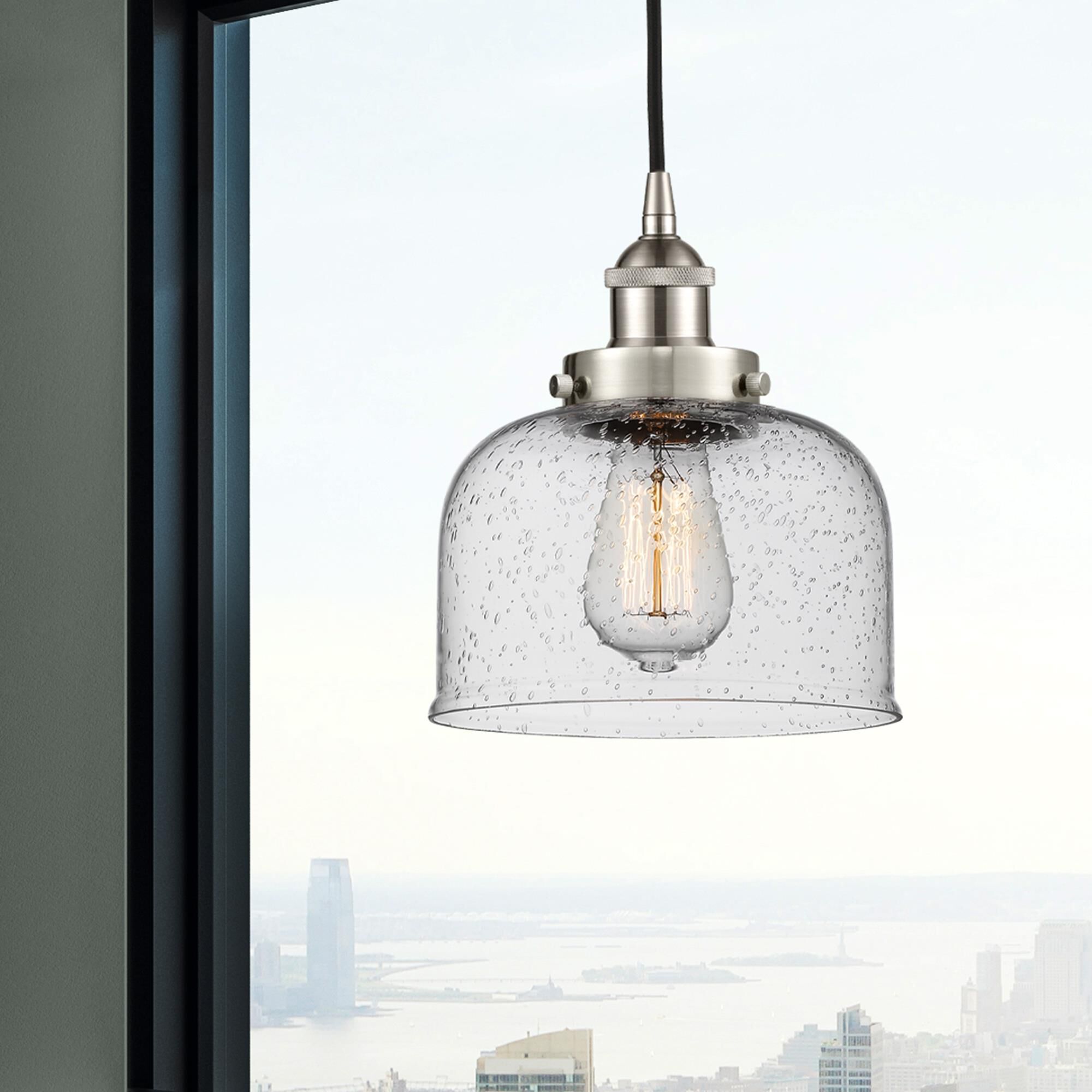 Shown in Brushed Satin Nickel finish and Seedy glass