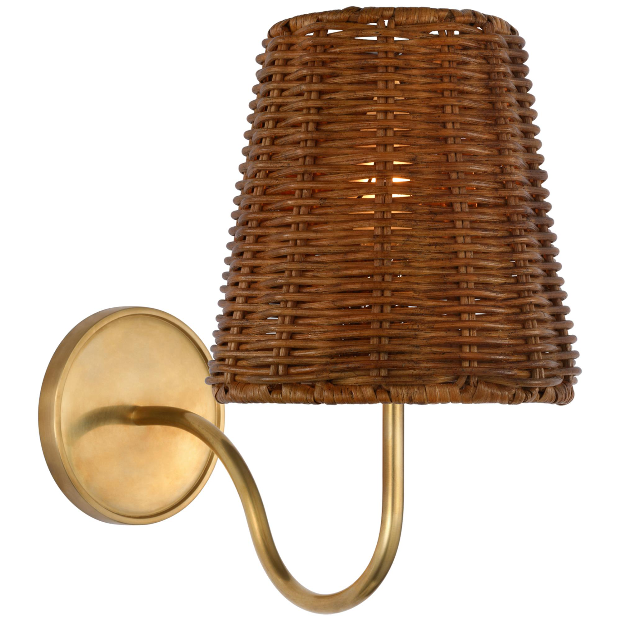 Shown in Hand-Rubbed Antique Brass finish and Dark Wicker shade