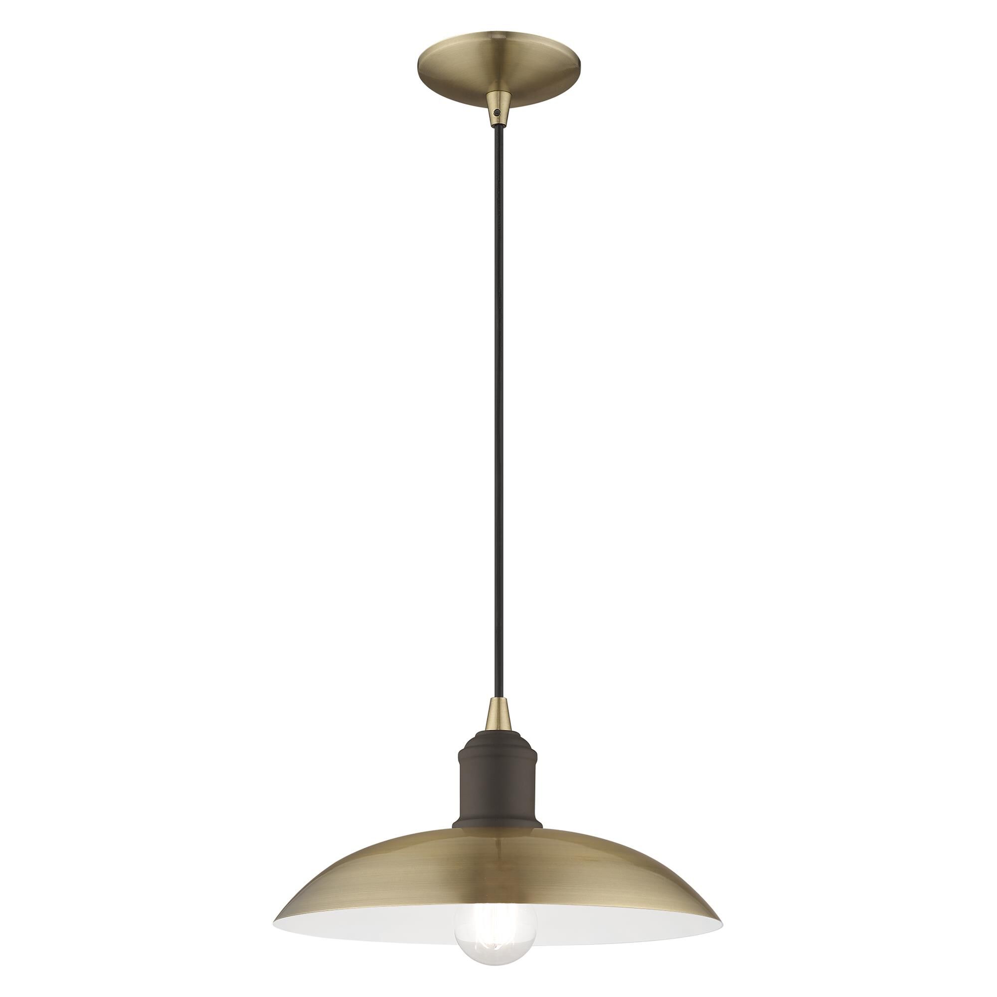 Shown in Antique Brass finish and Antique Brass Metal With White Inside shade
