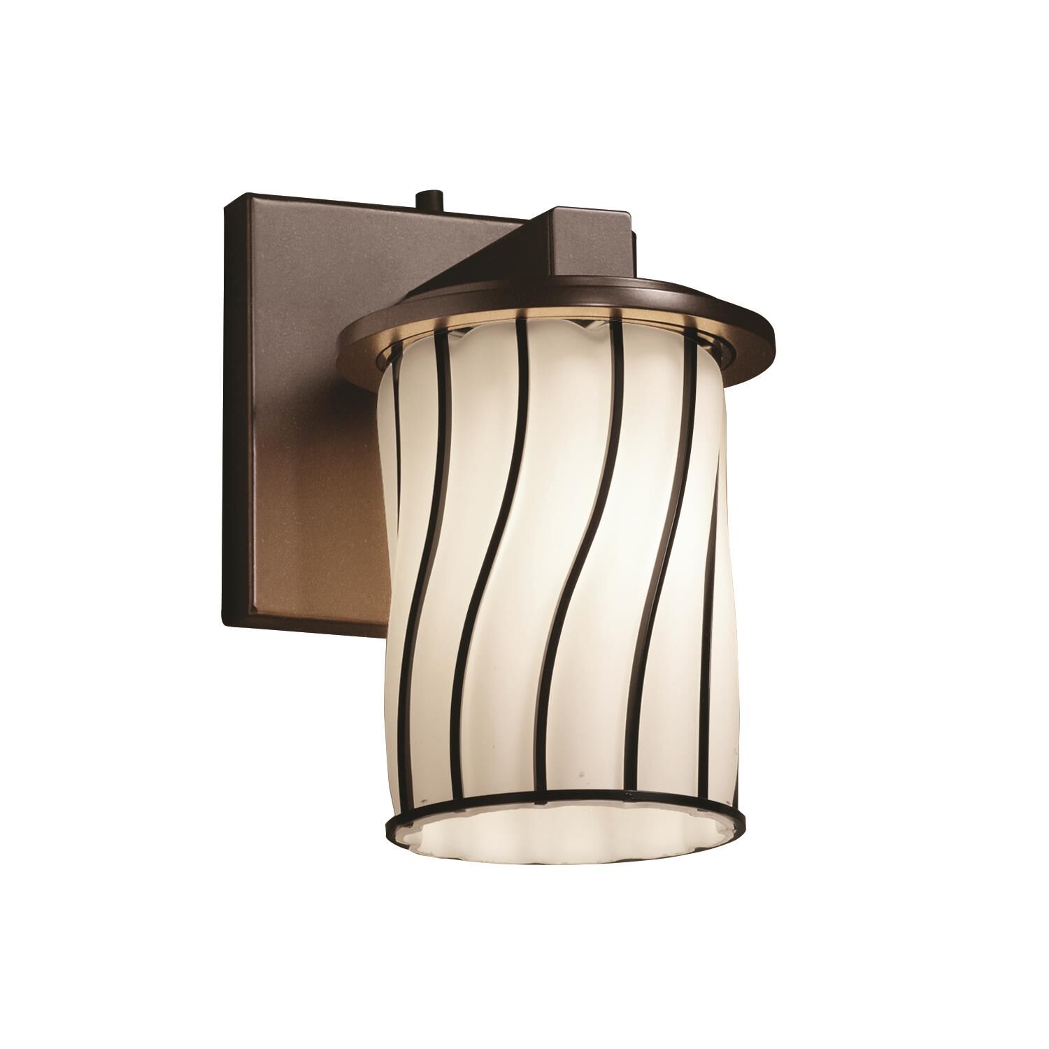 Shown in Dark Bronze finish and Wire Cage With Blown glass and Swirl with Opal shade and Cylinder with Flat Rim accent