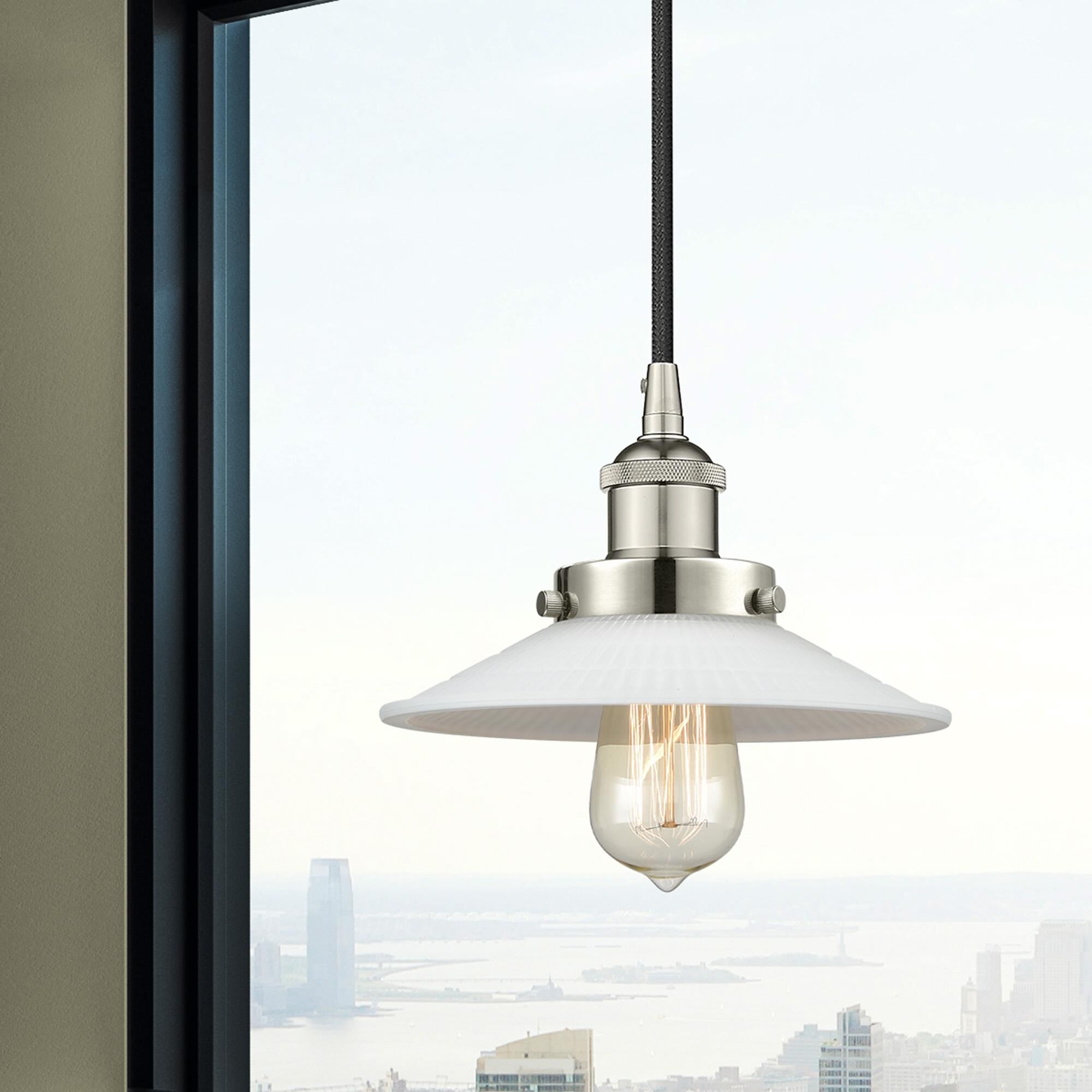 Shown in Polished Nickel finish and White glass