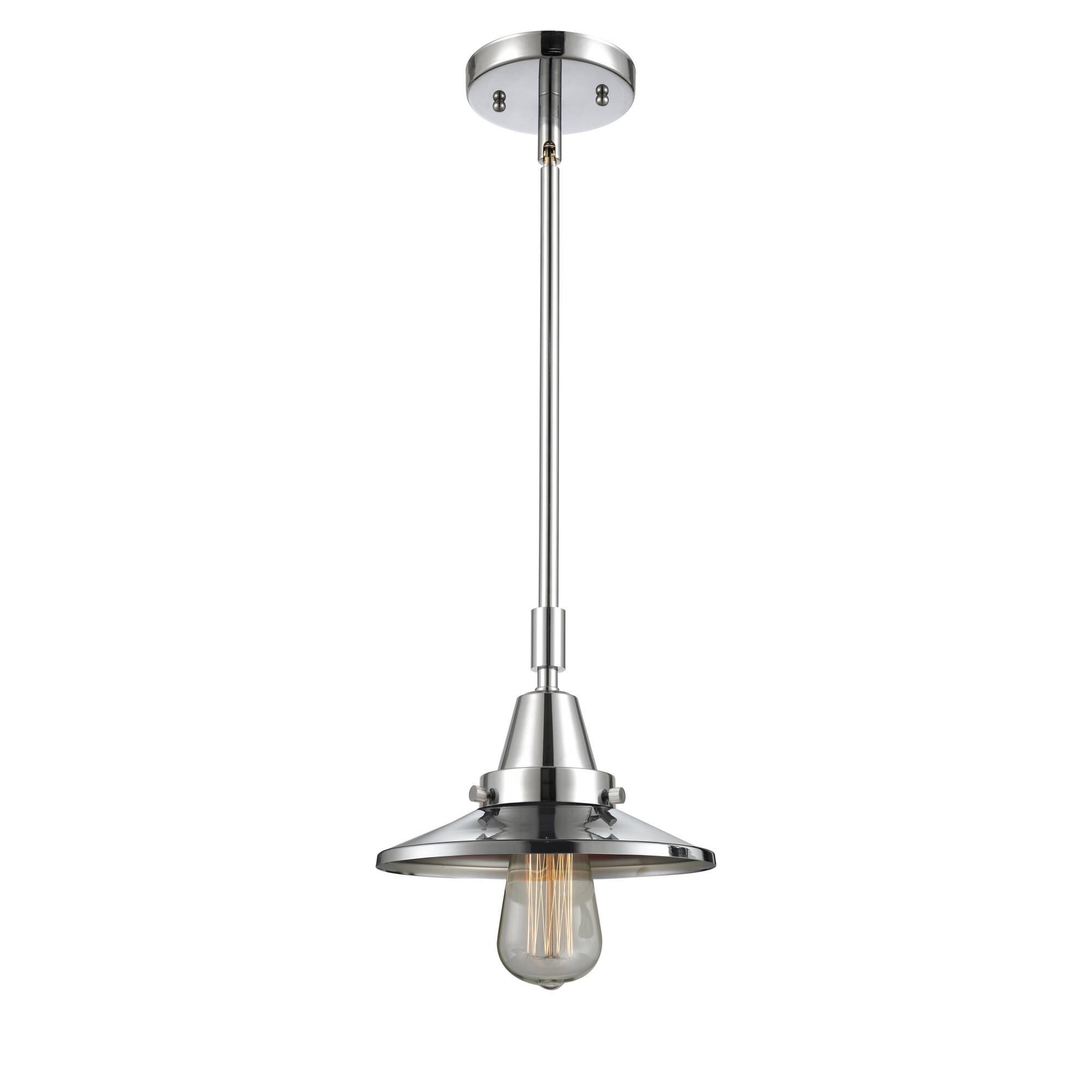 Shown in Polished Chrome finish and No Glass glass and Polished Chrome Railroad shade