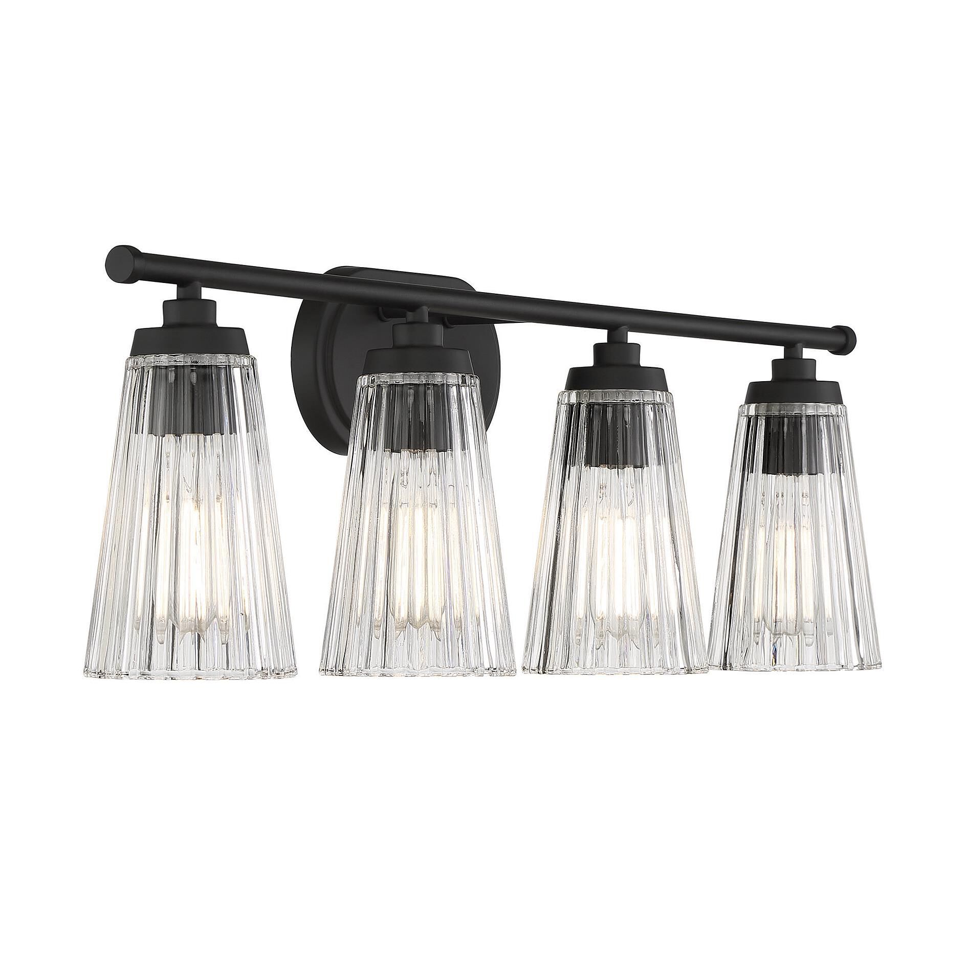 Shown in Matte Black finish and Clear Ribbed glass and Glass shade