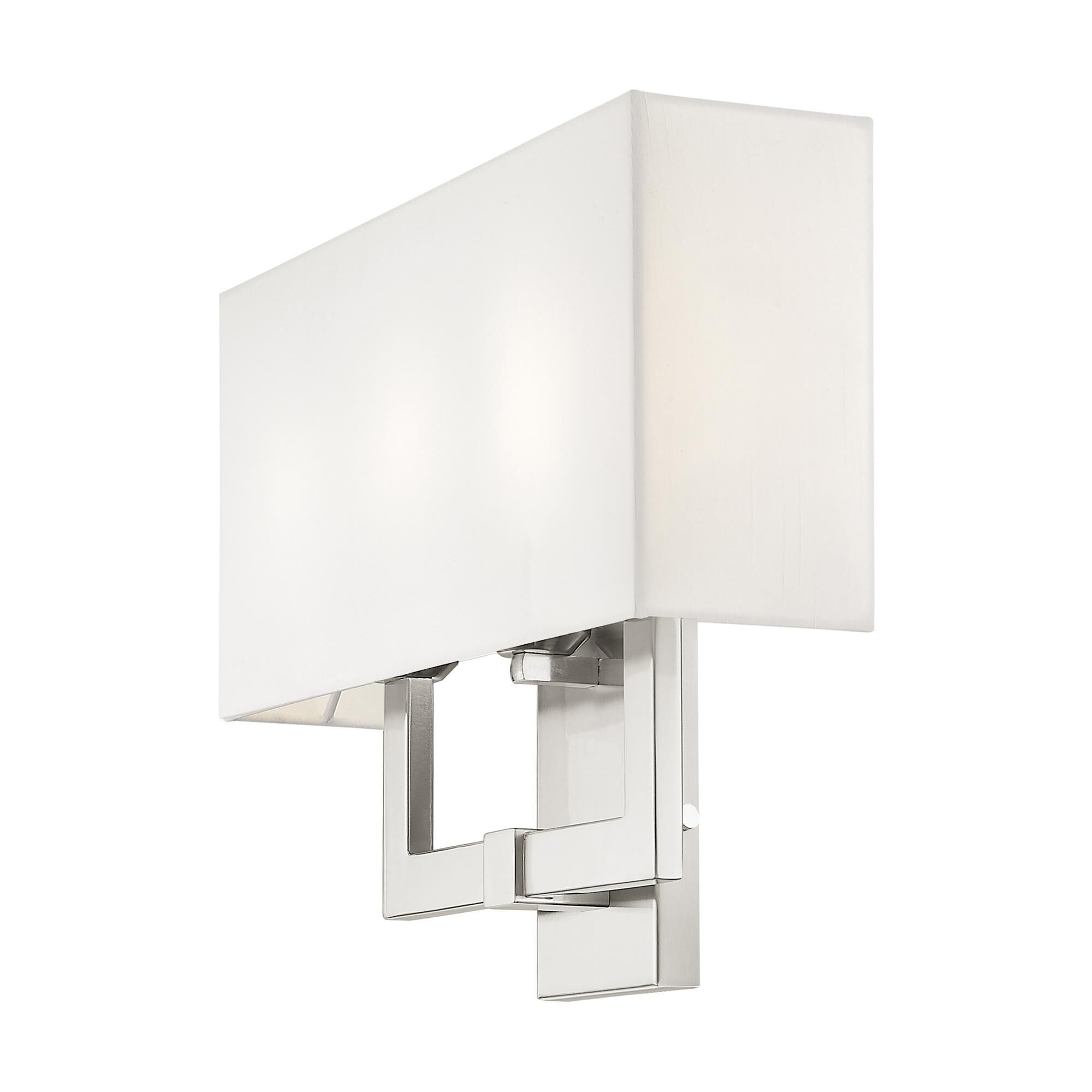 Shown in Brushed Nickel finish and Hand Crafted Off White Fabric Hardback shade