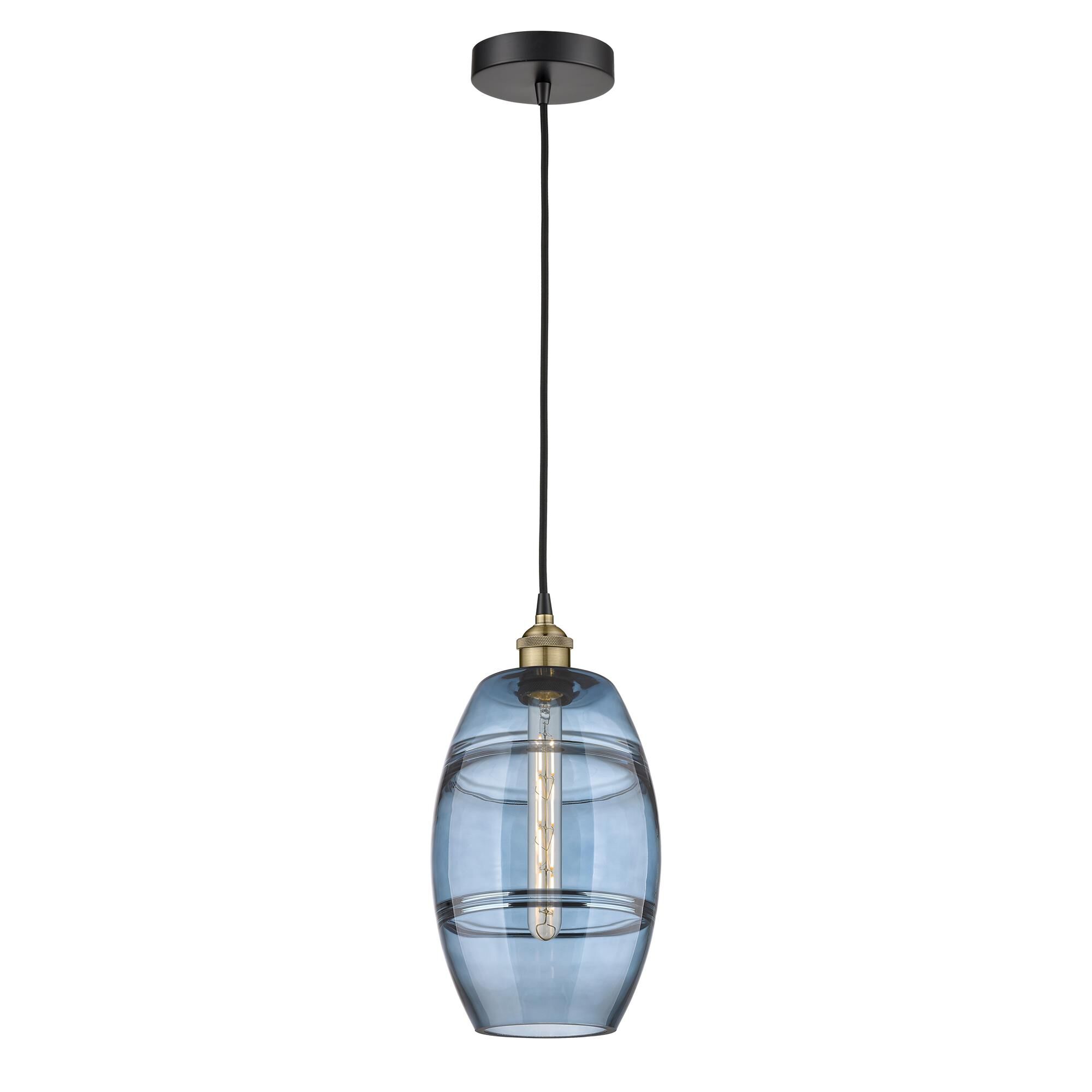 Shown in Black Antique Brass finish and Princess Blue glass