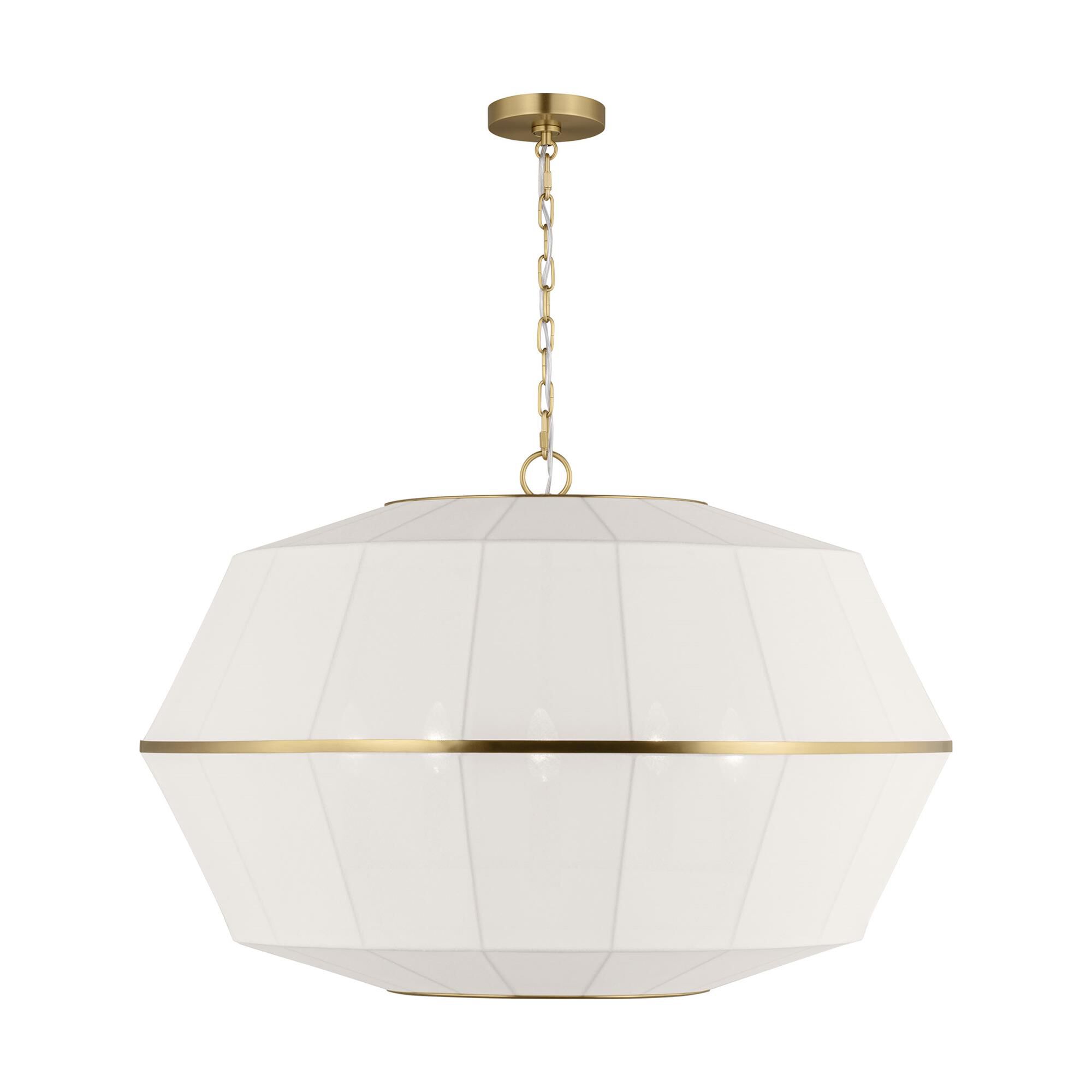 Shown in Burnished Brass finish and White Linen shade