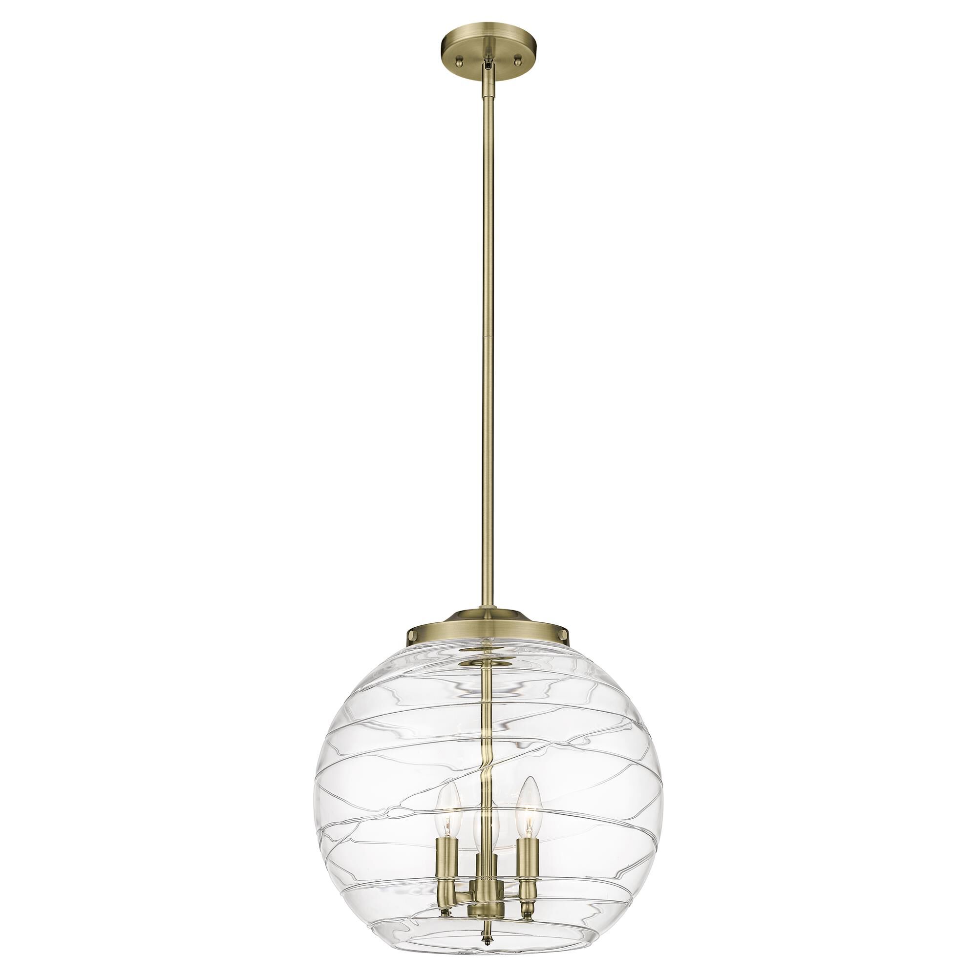 Shown in Antique Brass finish and Clear Deco Swirl glass