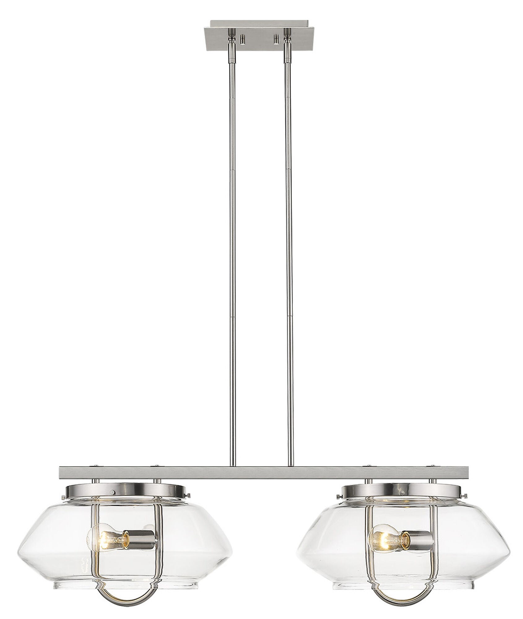 Shown in Satin Nickel finish and Clear glass and Clear Glass Drum shade