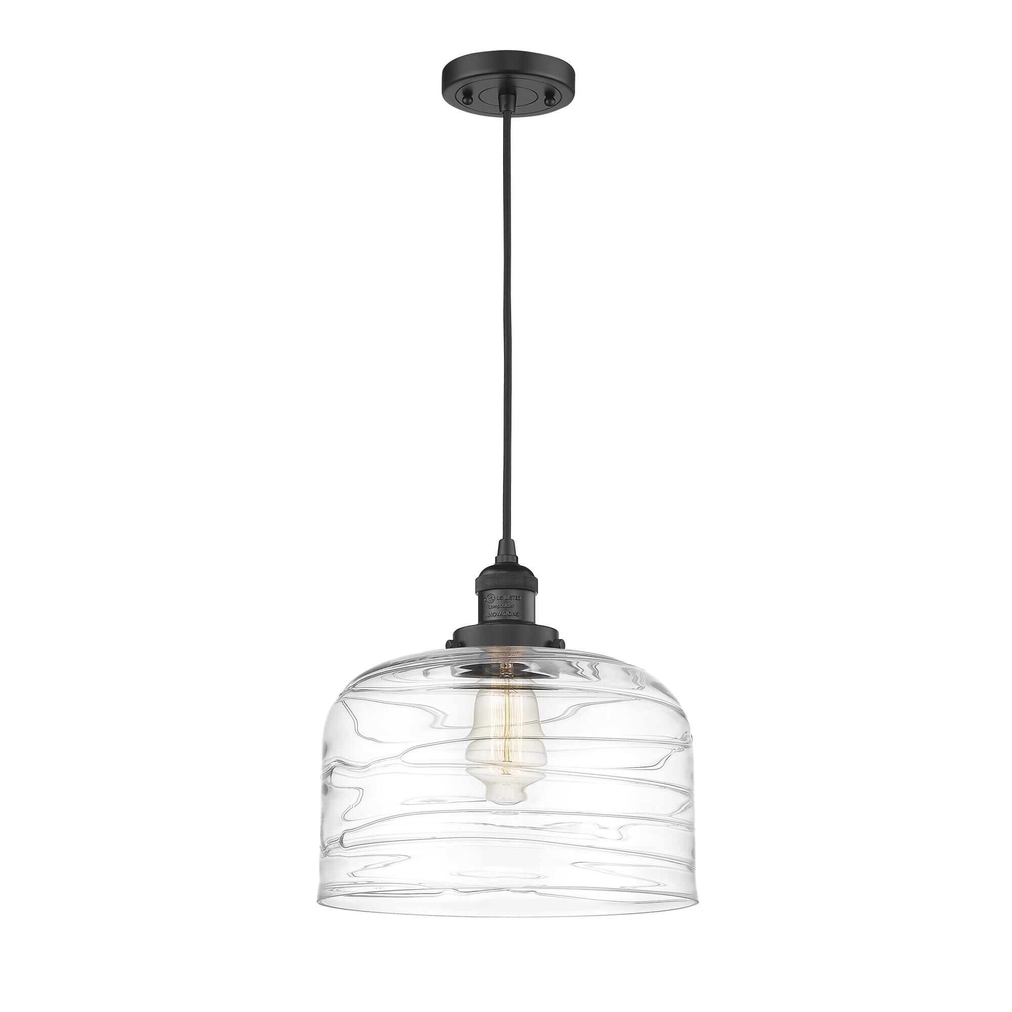 Shown in Matte Black finish and Clear Deco Swirl X-Large Bell glass