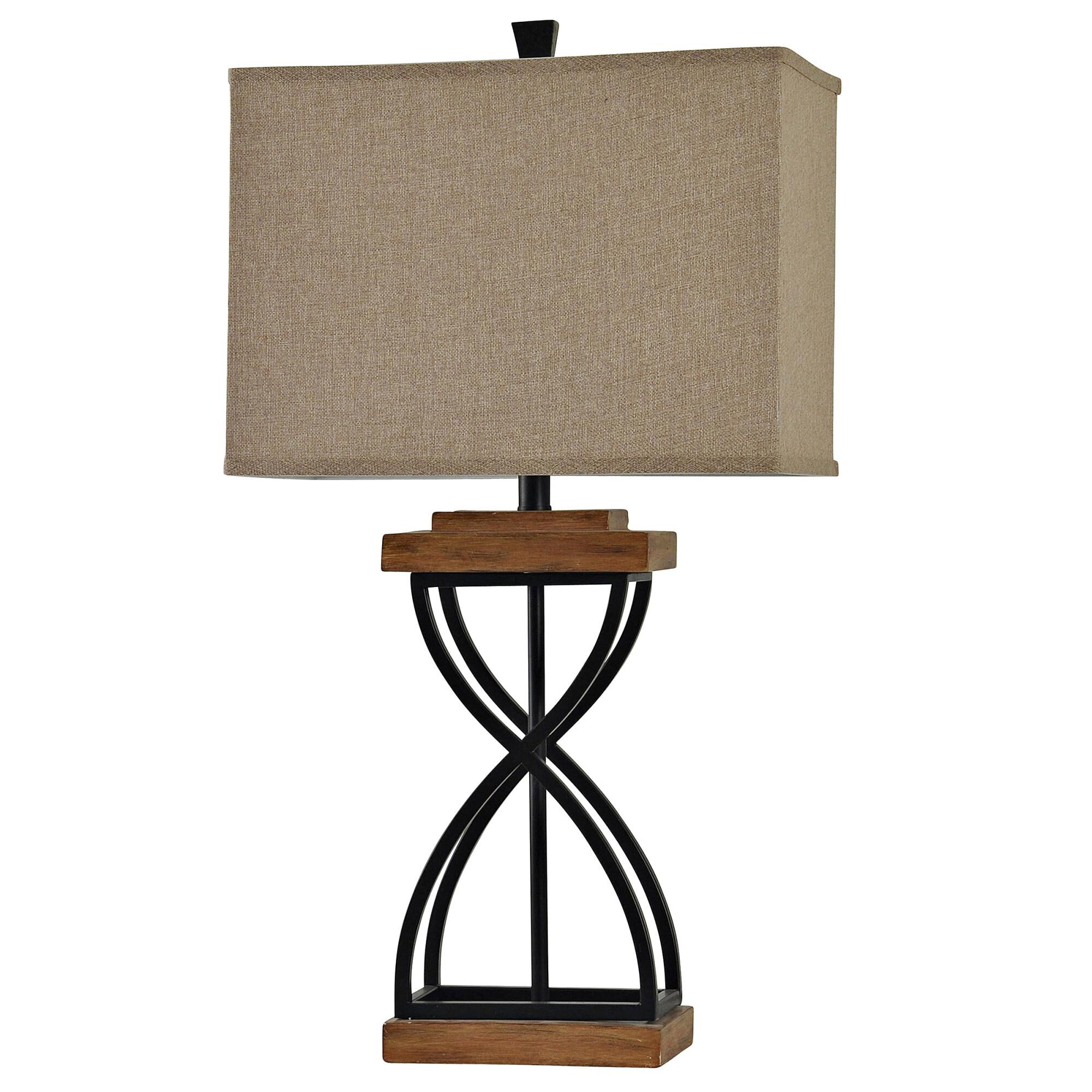 Shown in Black Wood finish and Beige Hardback Fabric shade