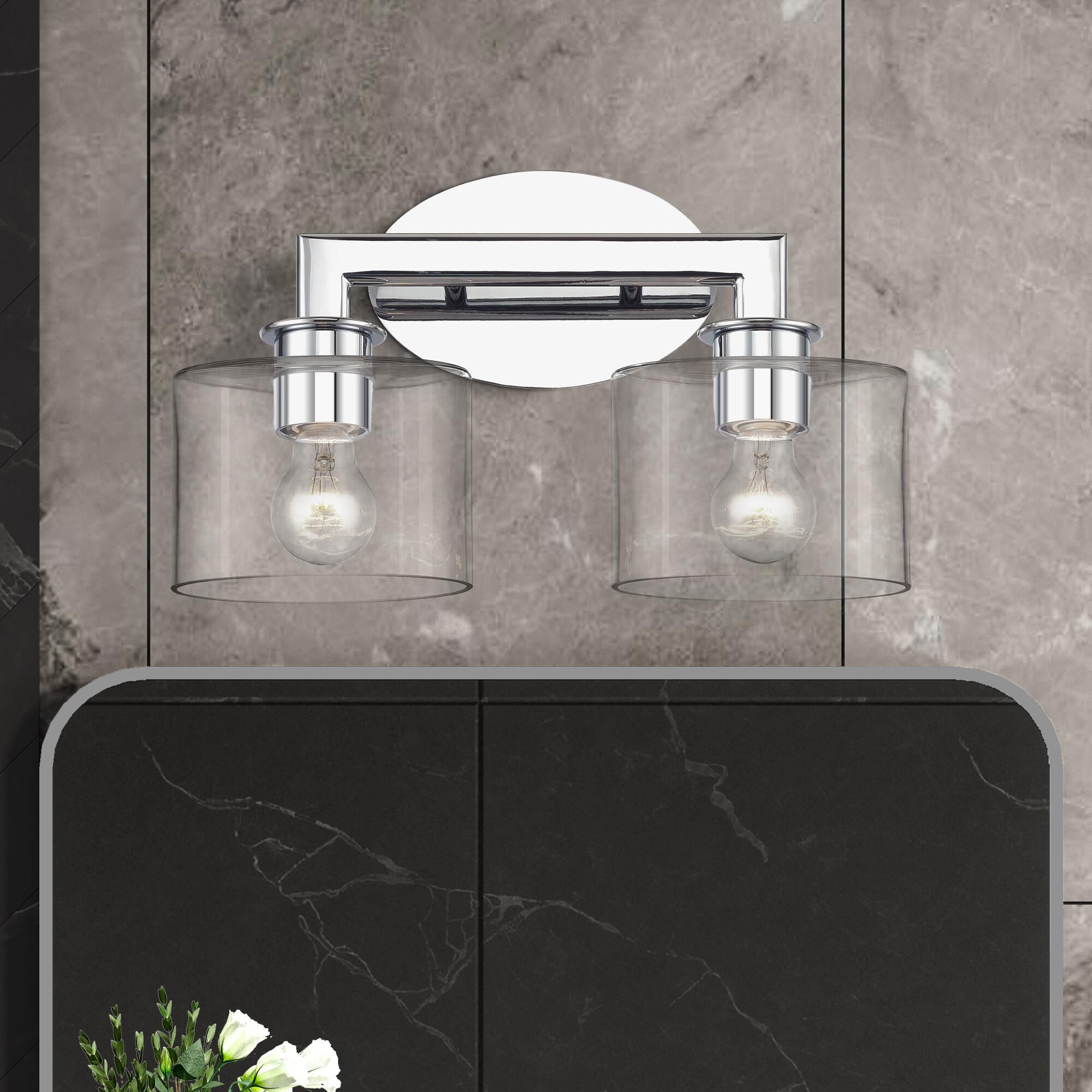 Shown in Polished Chrome finish and Mouth Blown Clear glass