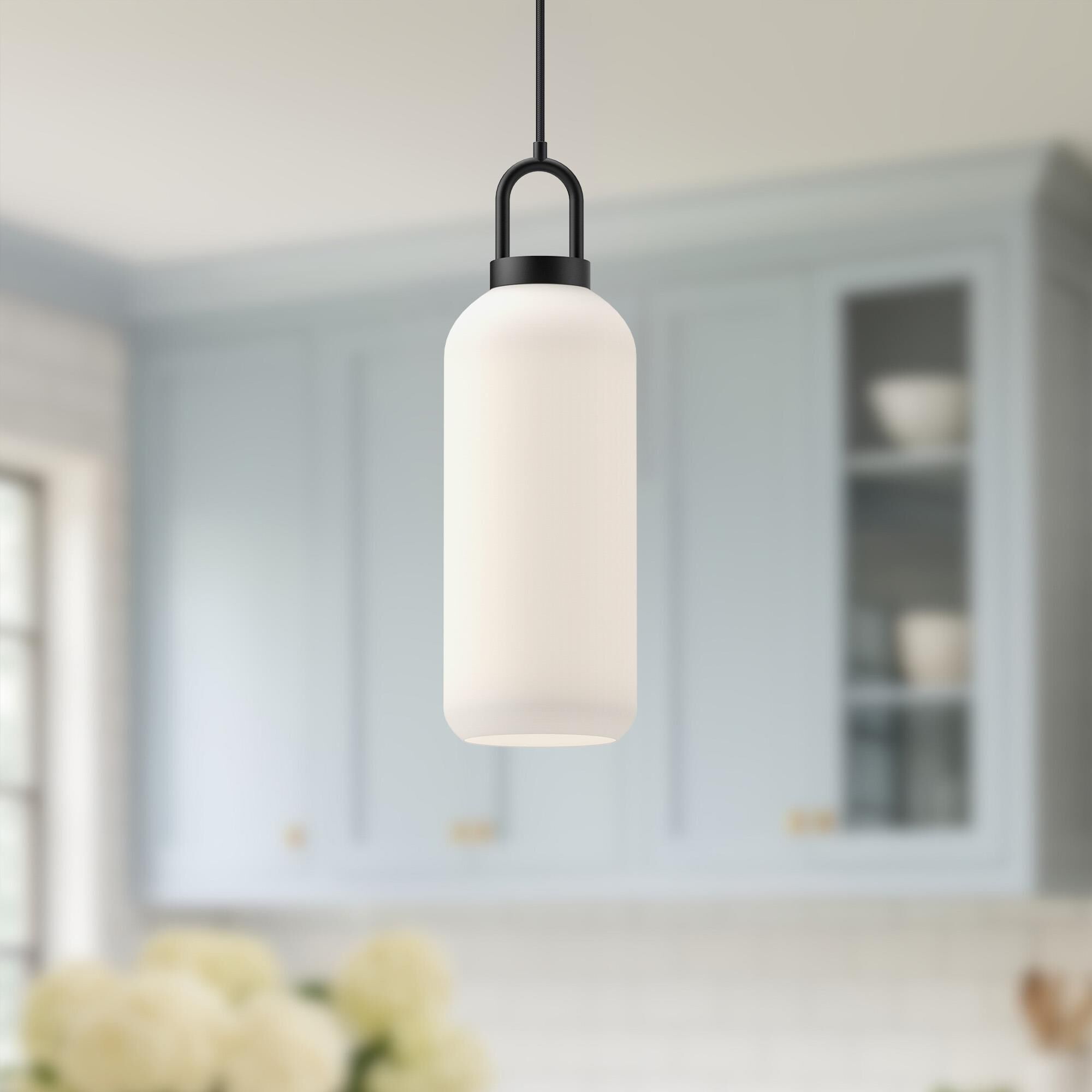 Shown in Matte Black finish and Opal glass and Black Braided Cord accent
