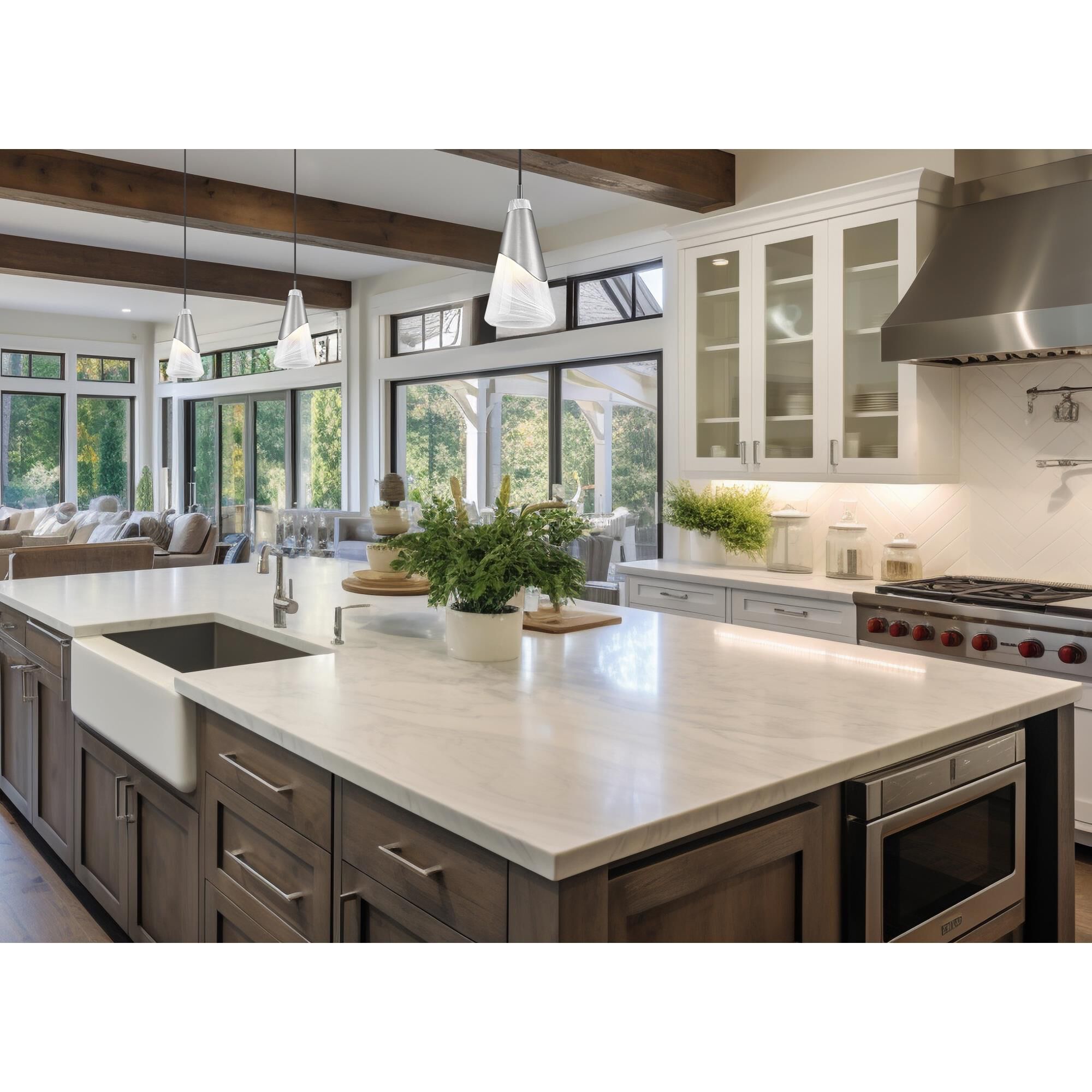 Shown in Brushed Nickel finish and White Swirl glass and White Swirl shade