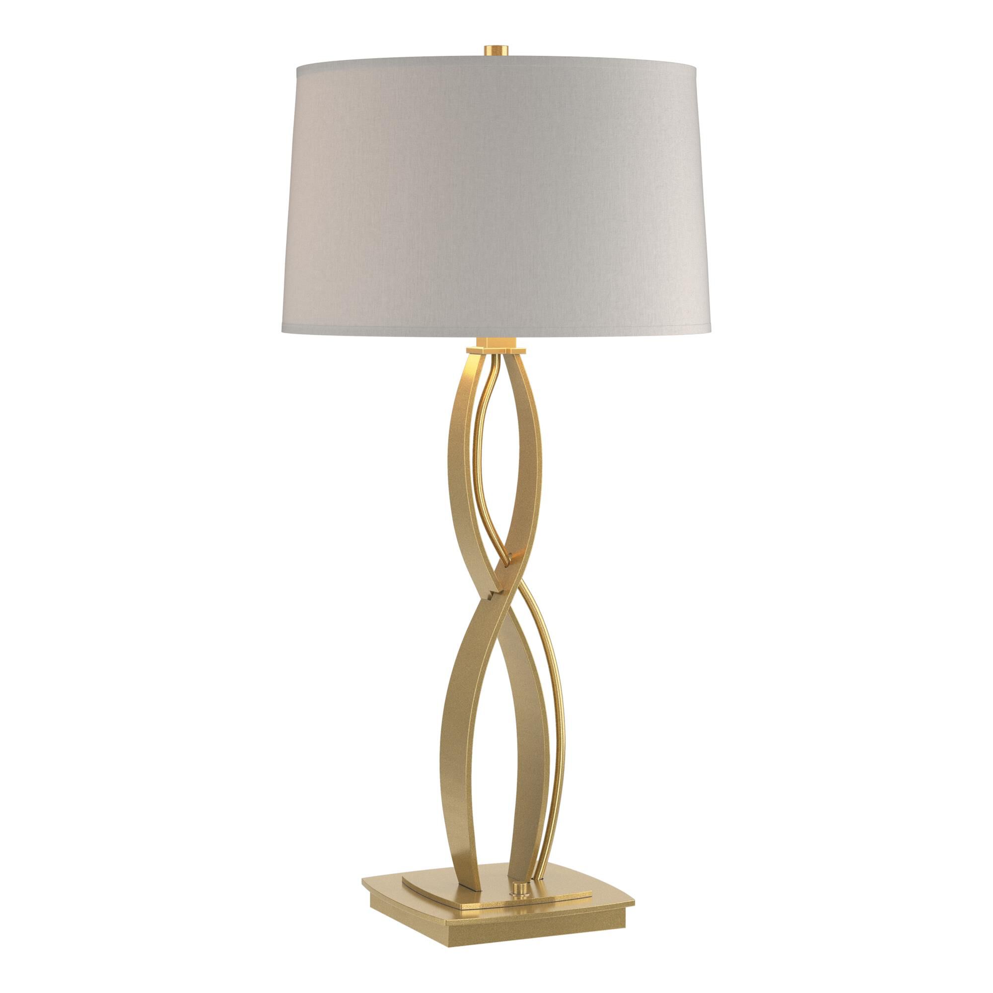 Shown in Modern Brass finish and Flax shade