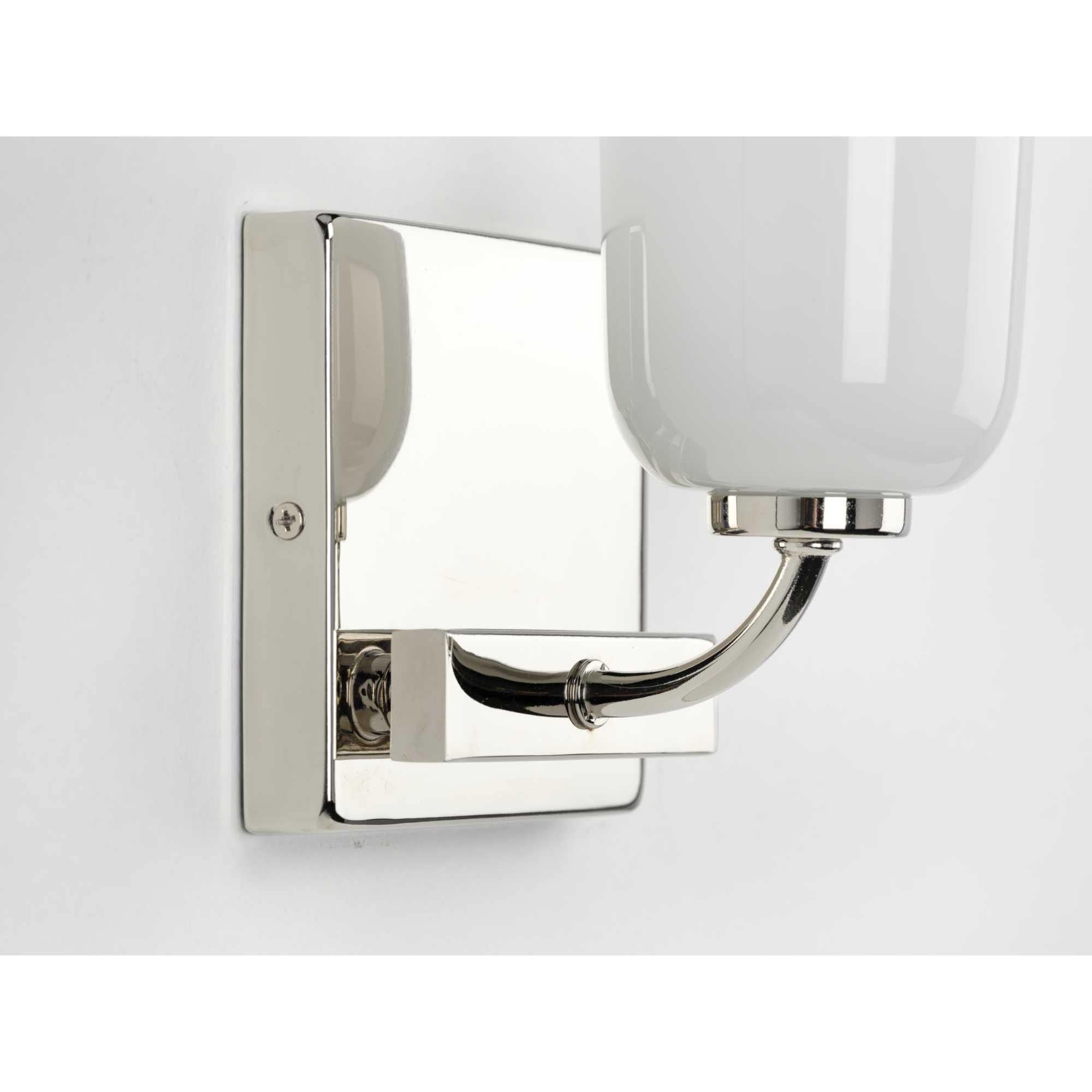 Shown in Polished Nickel finish and White Opal glass