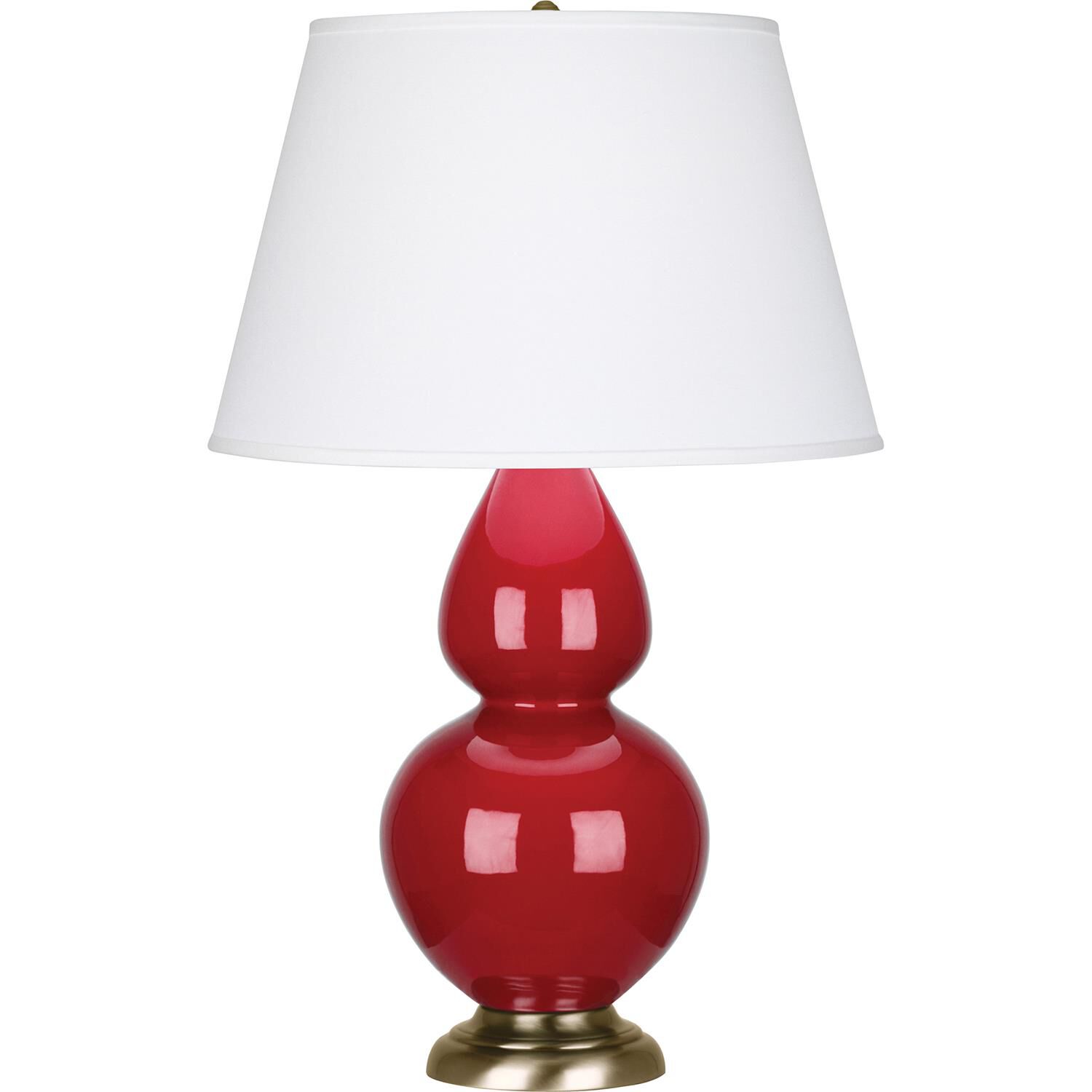 Shown in Ruby Red Glazed Ceramic With Antique Brass ed Accents finish and Pearl Dupioni Fabric shade