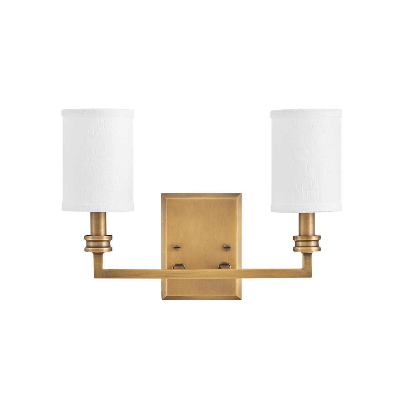 Shown in Heritage Brass finish and Etched Opal glass and Off White Linen shade