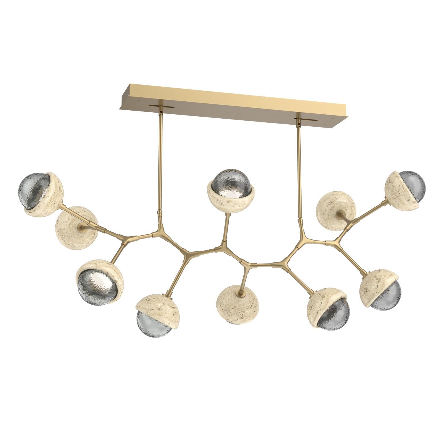 Shown in Gilded Brass finish and Smoke glass and Travertine Stone accent