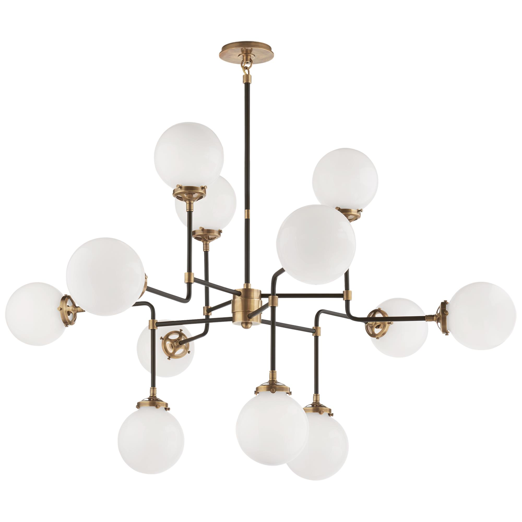 Shown in Hand-Rubbed Antique Brass finish and White glass