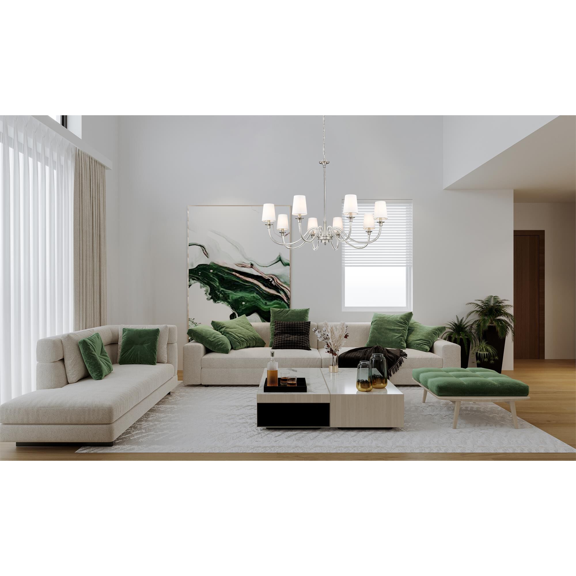 Shown in Brushed Nickel finish and White glass and White shade