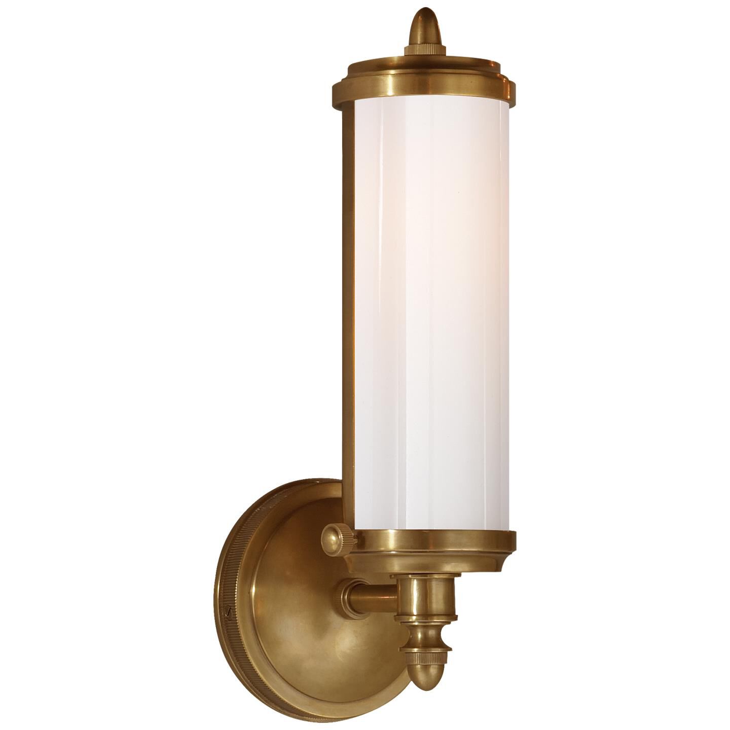 Shown in Hand-Rubbed Antique Brass finish and White glass