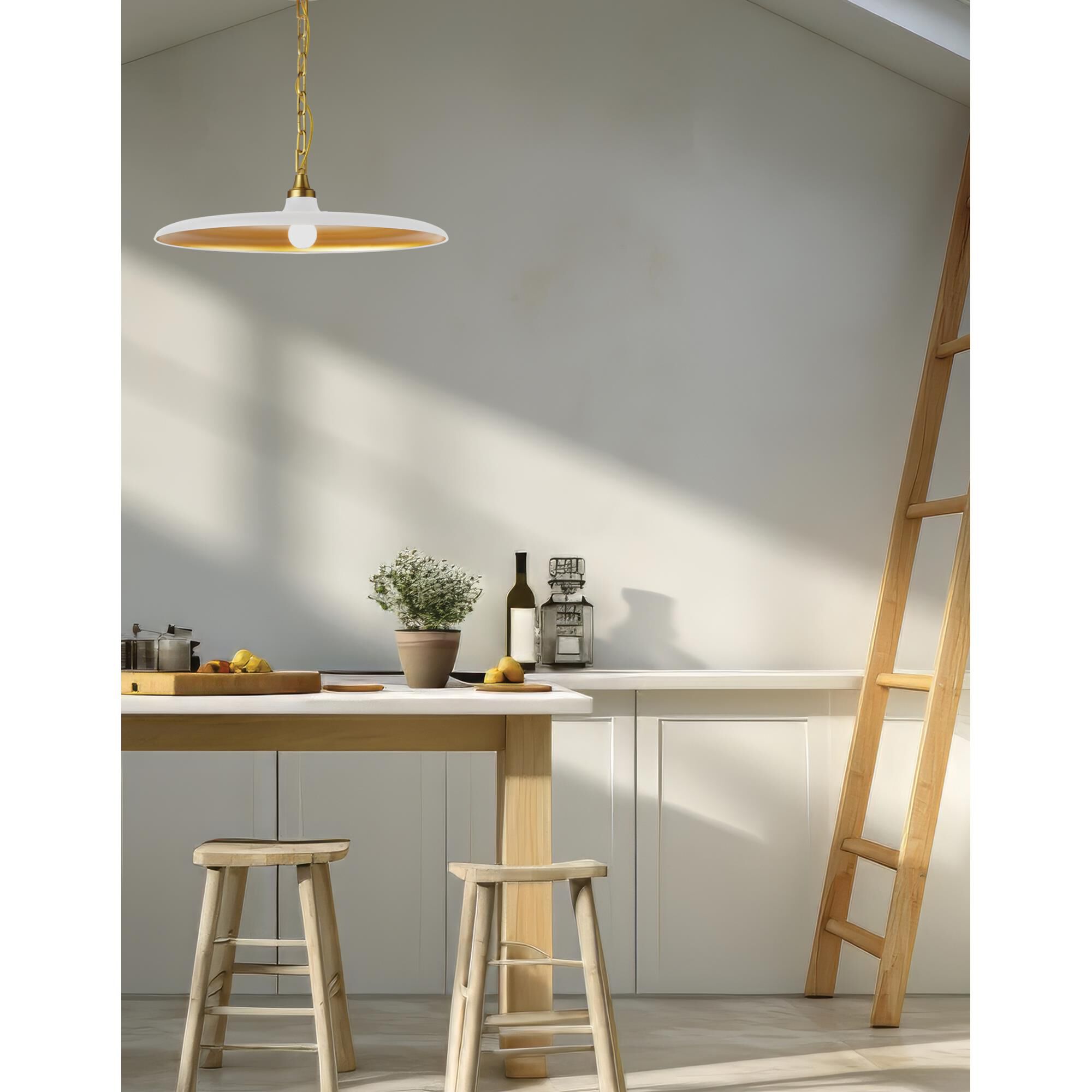 Shown in Aged Brass finish and Matte White and Gold shade