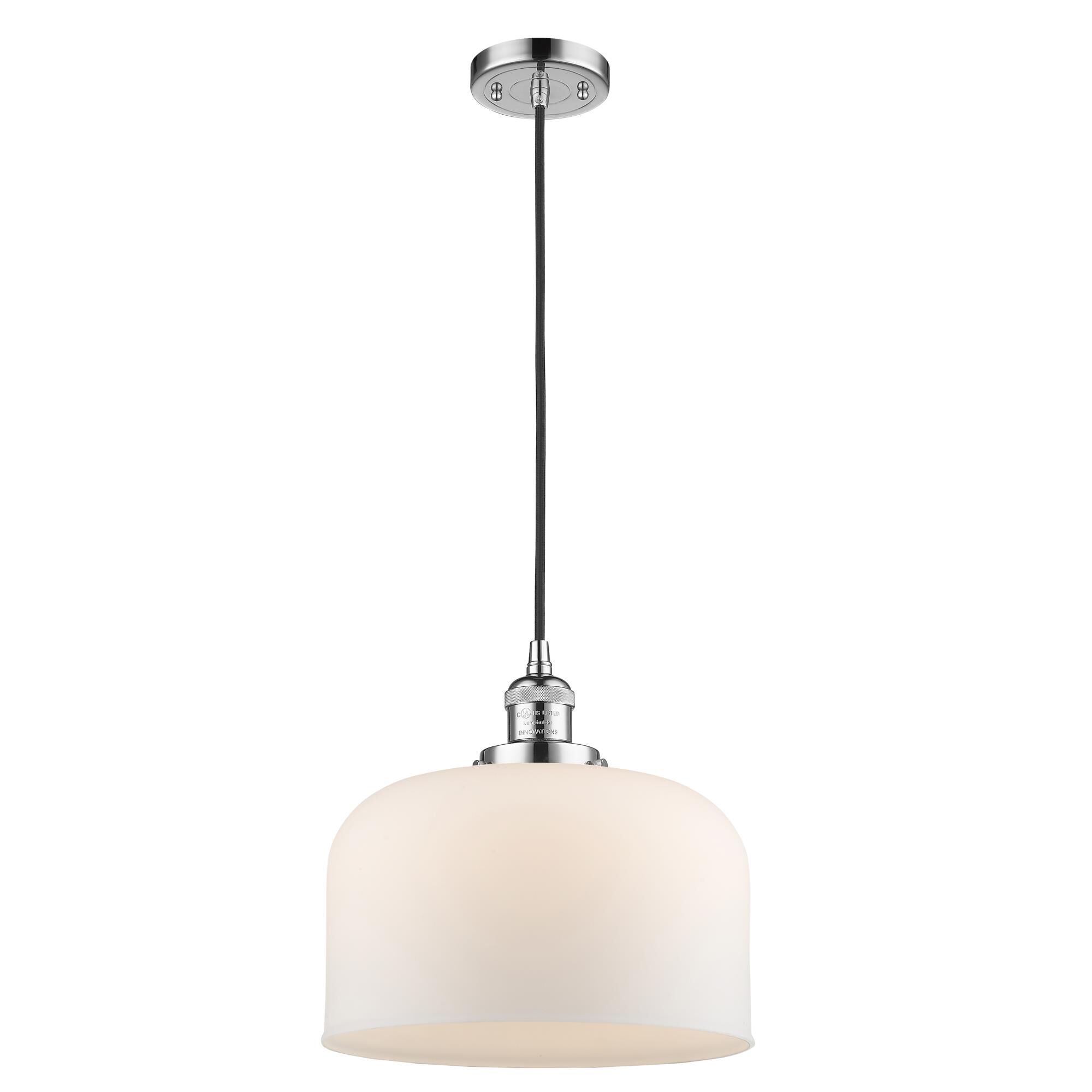 Shown in Polished Chrome finish and Matte White Cased X-Large Bell glass and Cord accent