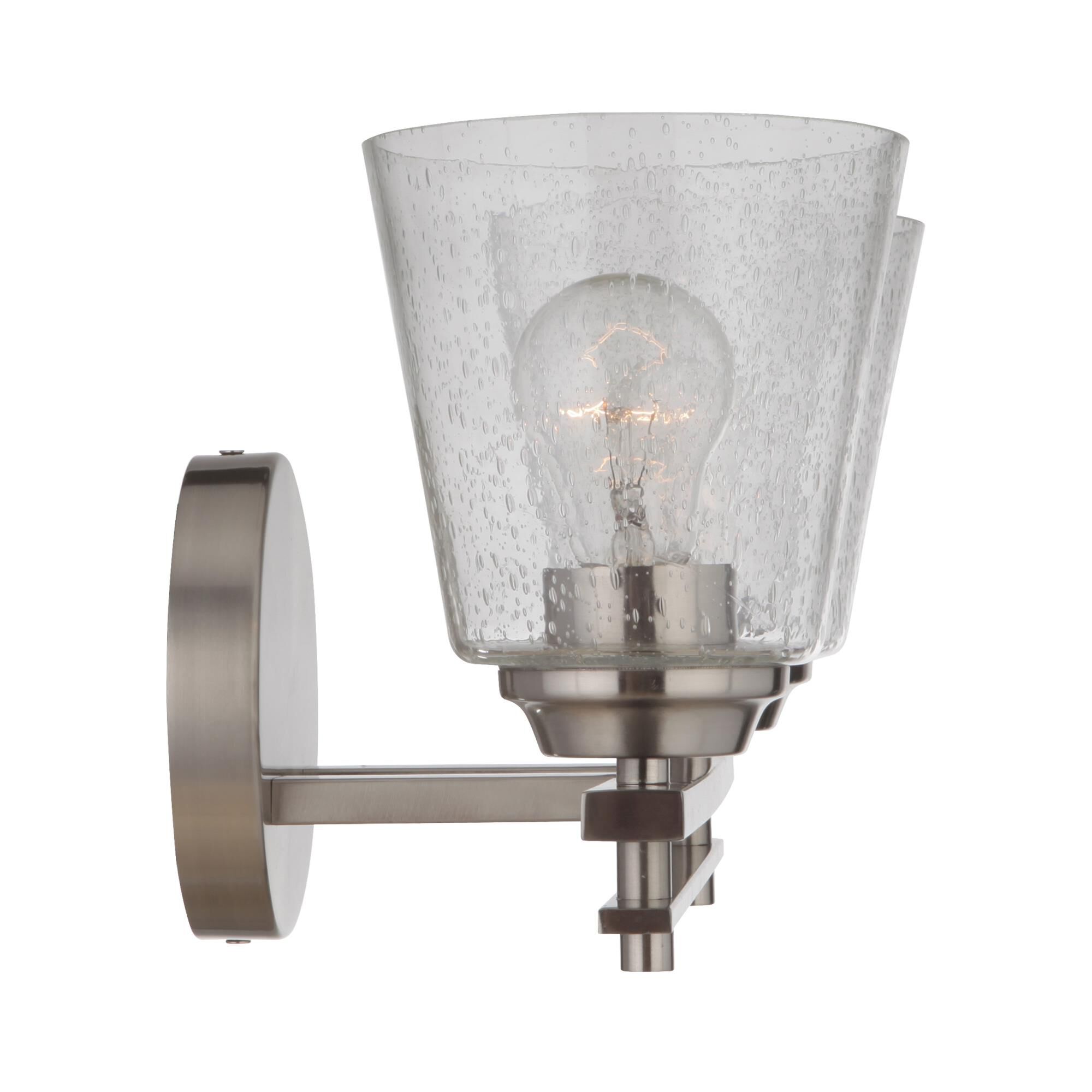 Shown in Brushed Polished Nickel finish and Clear Seeded glass and Glass shade