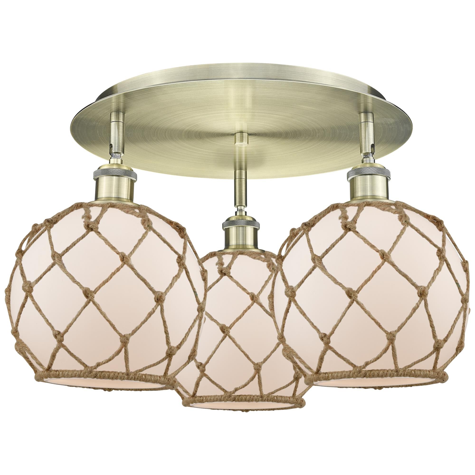 Shown in Antique Brass finish and White with Brown Rope glass