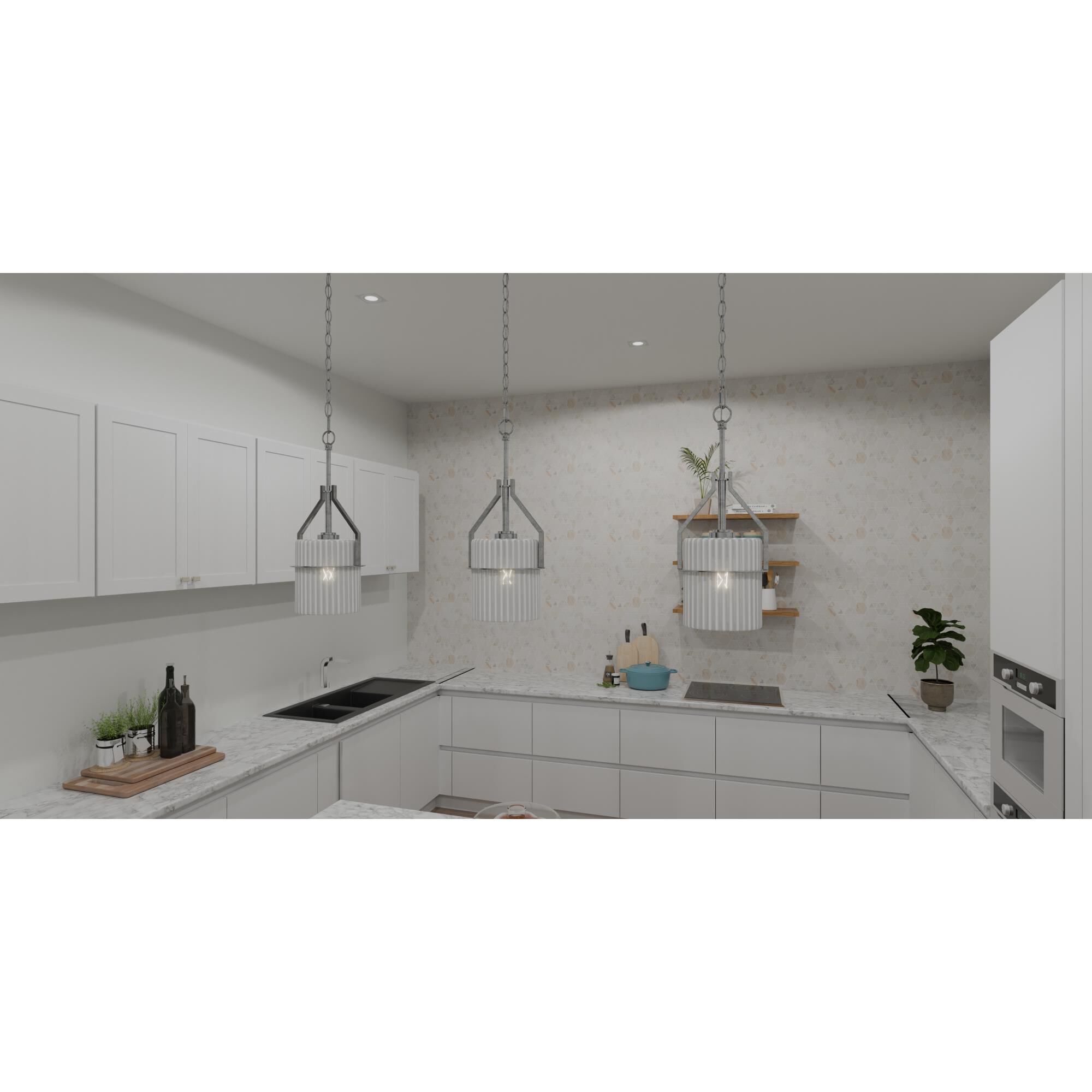 Shown in Brushed Nickel finish and Opal Etched Ribbed glass