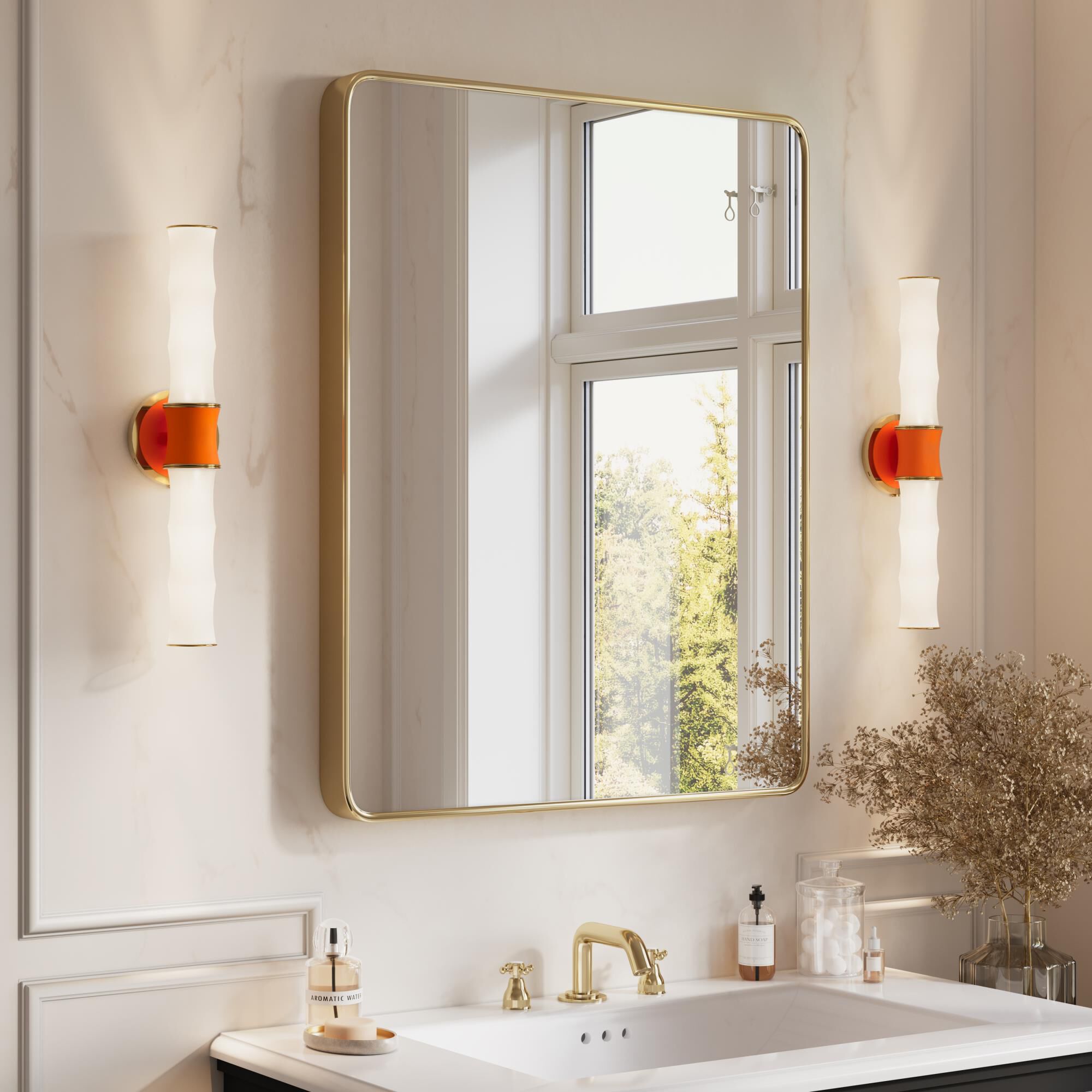Shown in Pumpkin finish and White Frosted glass and Modern Brass accent