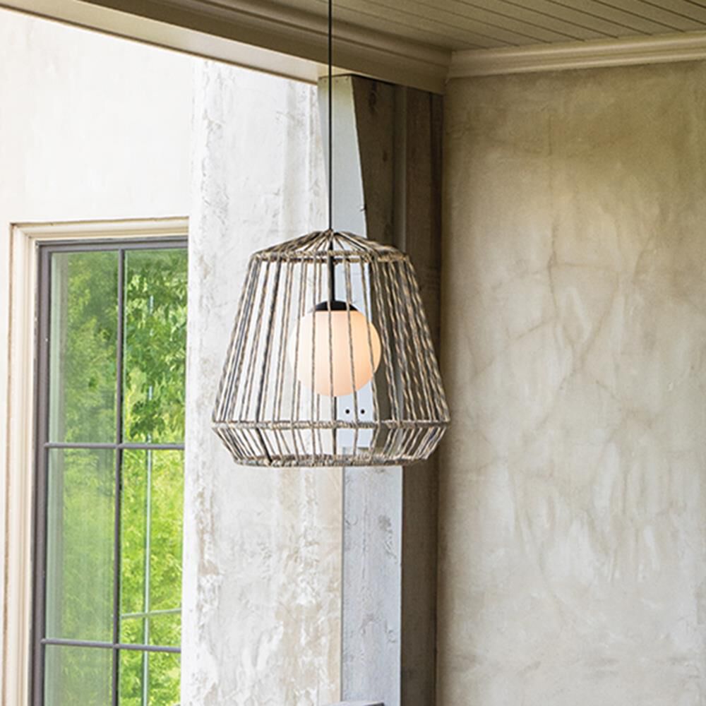 Shown in Black finish and Etched Opal glass and All Weather Rattan shade