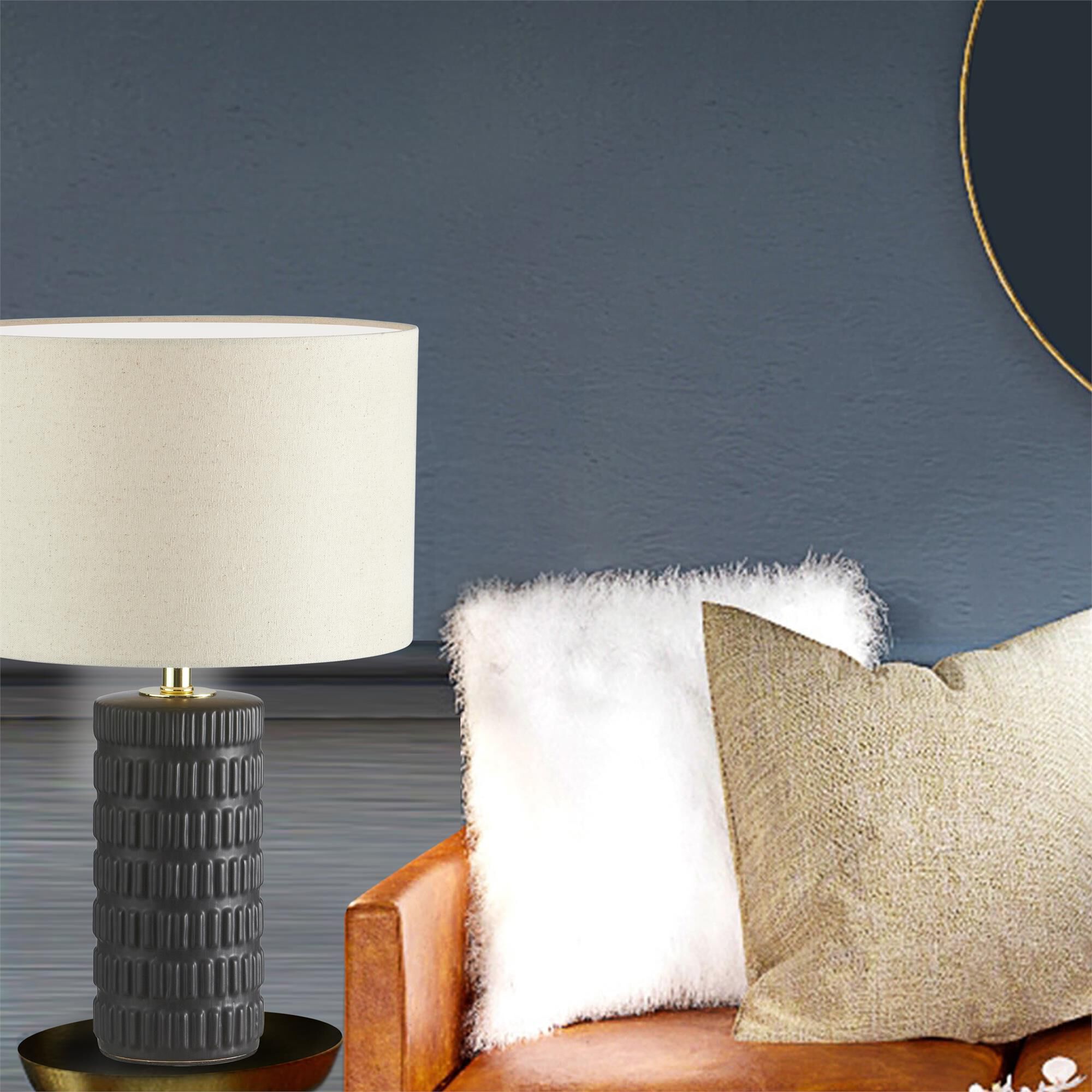 Shown in Beige and Matte Black finish and Beige Fabric Drum shade