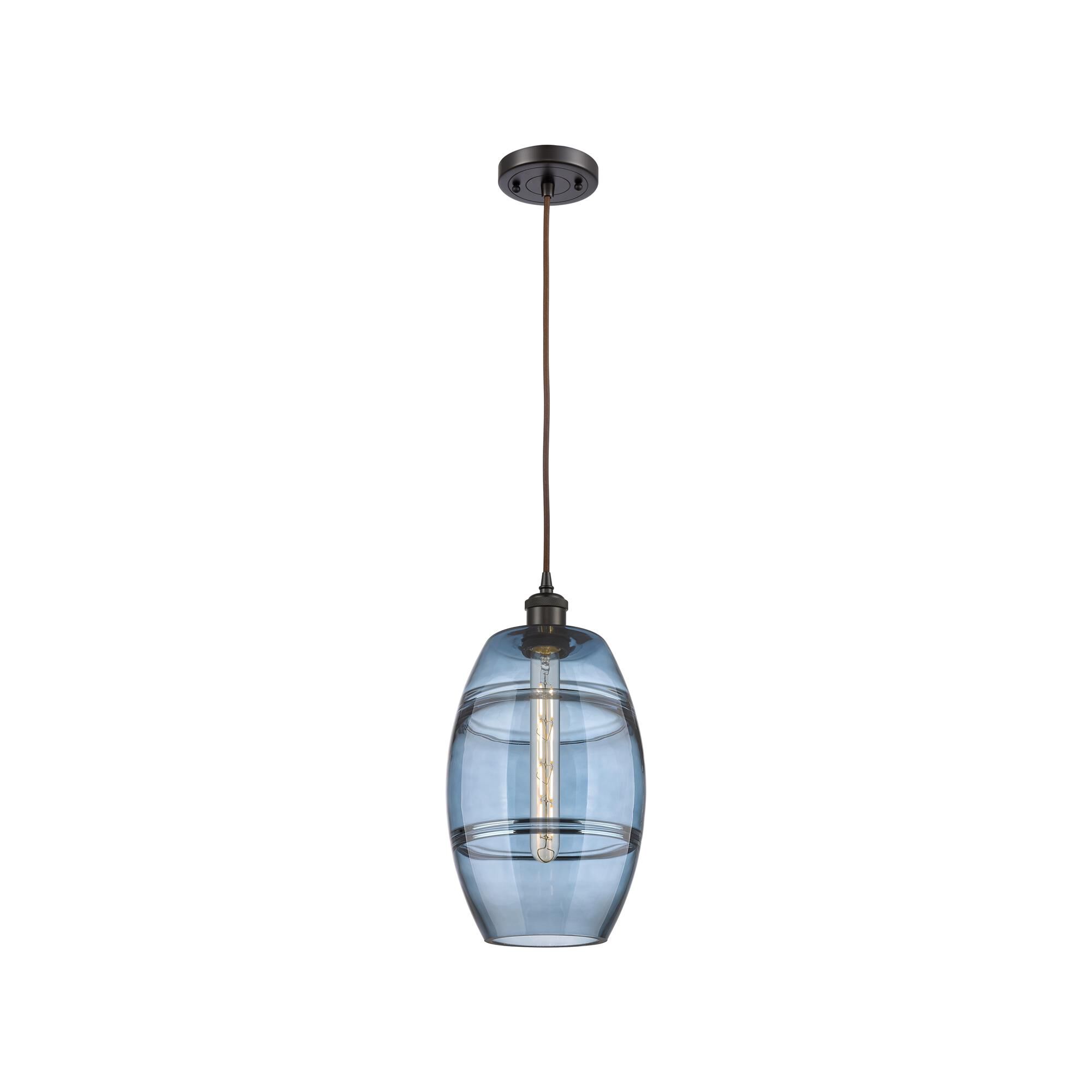 Shown in Oil Rubbed Bronze finish and Princess Blue glass