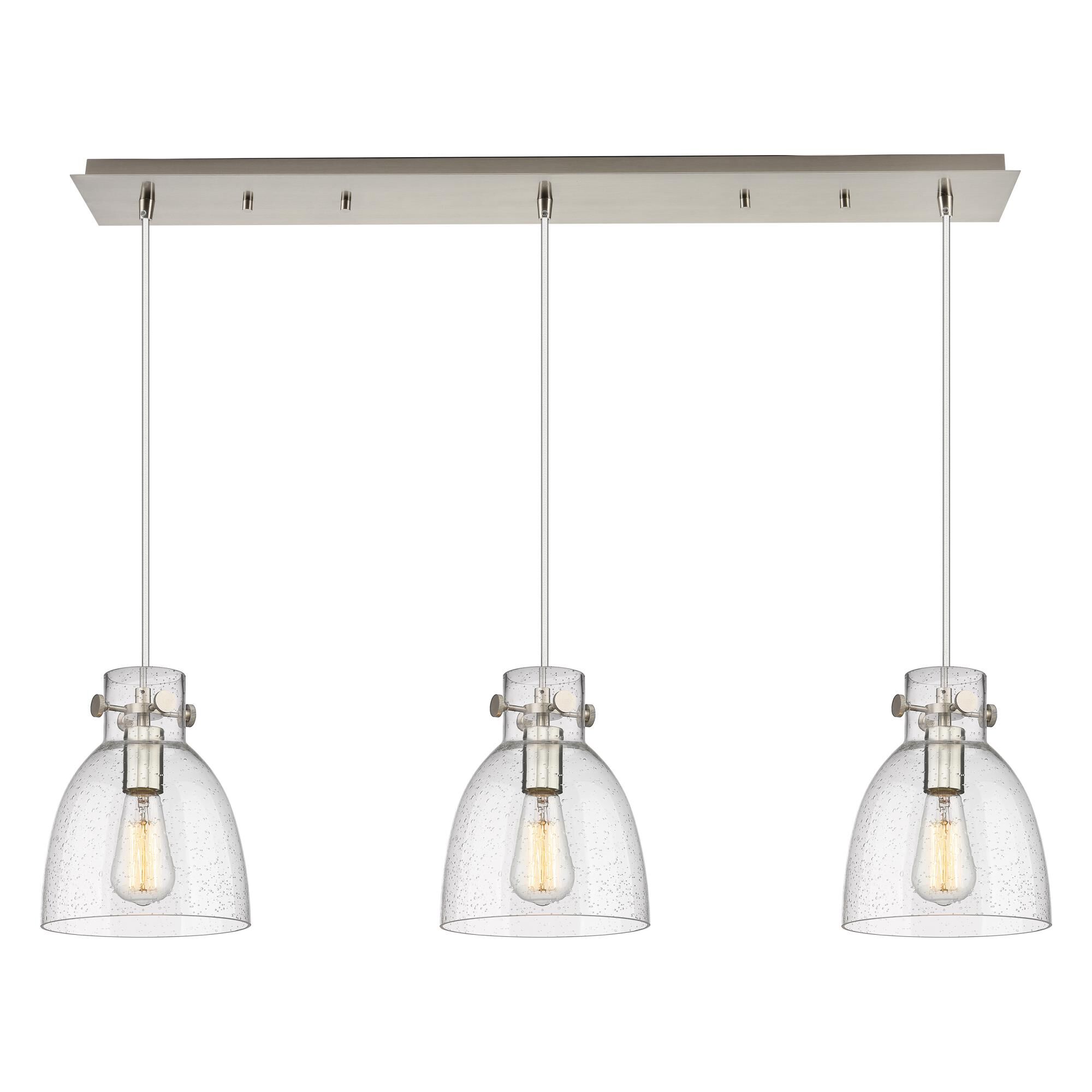 Shown in Brushed Satin Nickel finish and Seedy glass and Seedy Glass shade