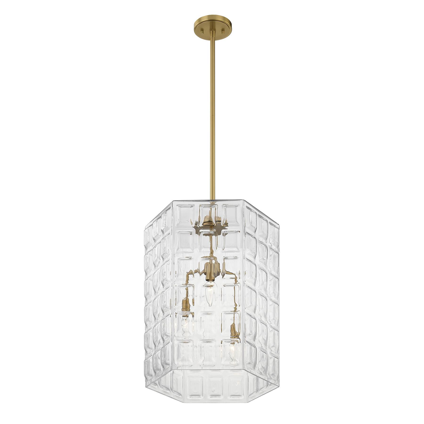 Shown in Warm Brass finish and Clear Geometric glass