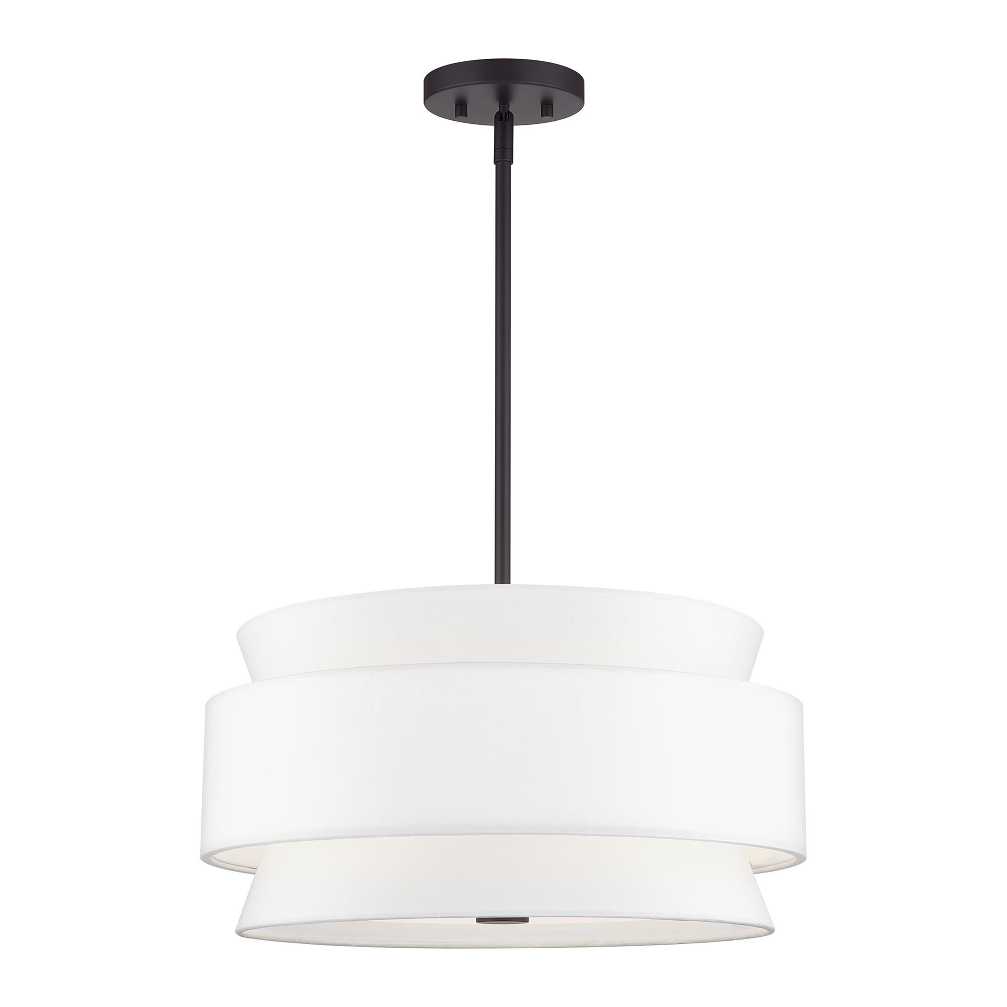 Shown in Bronze finish and Hand Crafted Off-White Fabric Hardbacks with White Fabric Inside shade