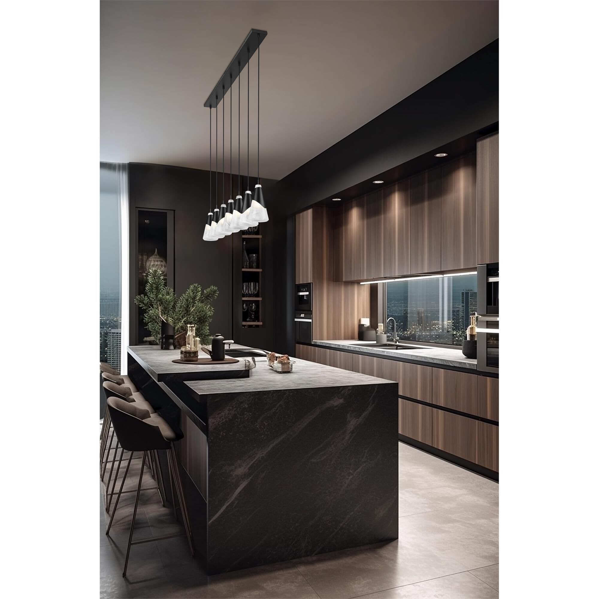 Shown in Matte Black finish and White Swirl glass and White Swirl shade