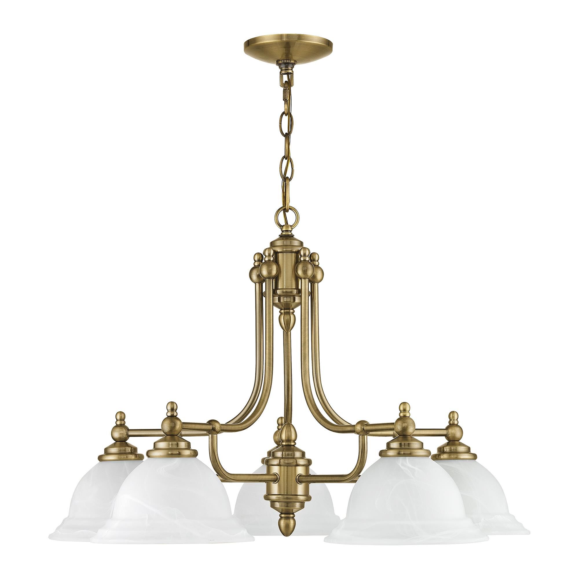 Shown in Antique Brass finish and White Alabaster glass