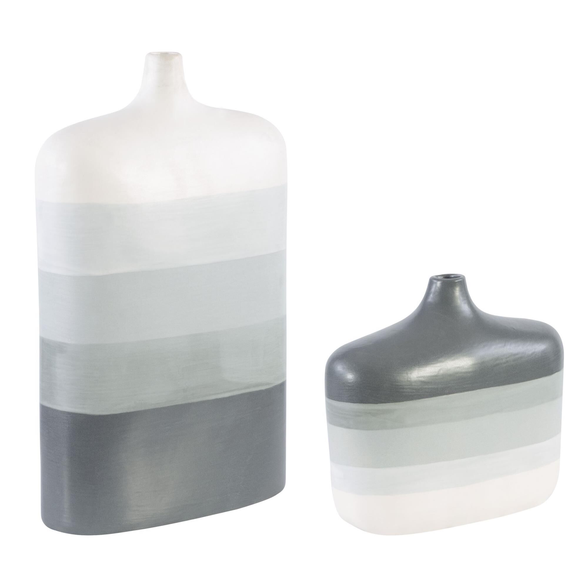 Shown in Set Of Two Earthenware Vases Are Finished In A Striped Gray Ombre Glaze. Sizes: S-11x10x4, L-11x19x4 finish