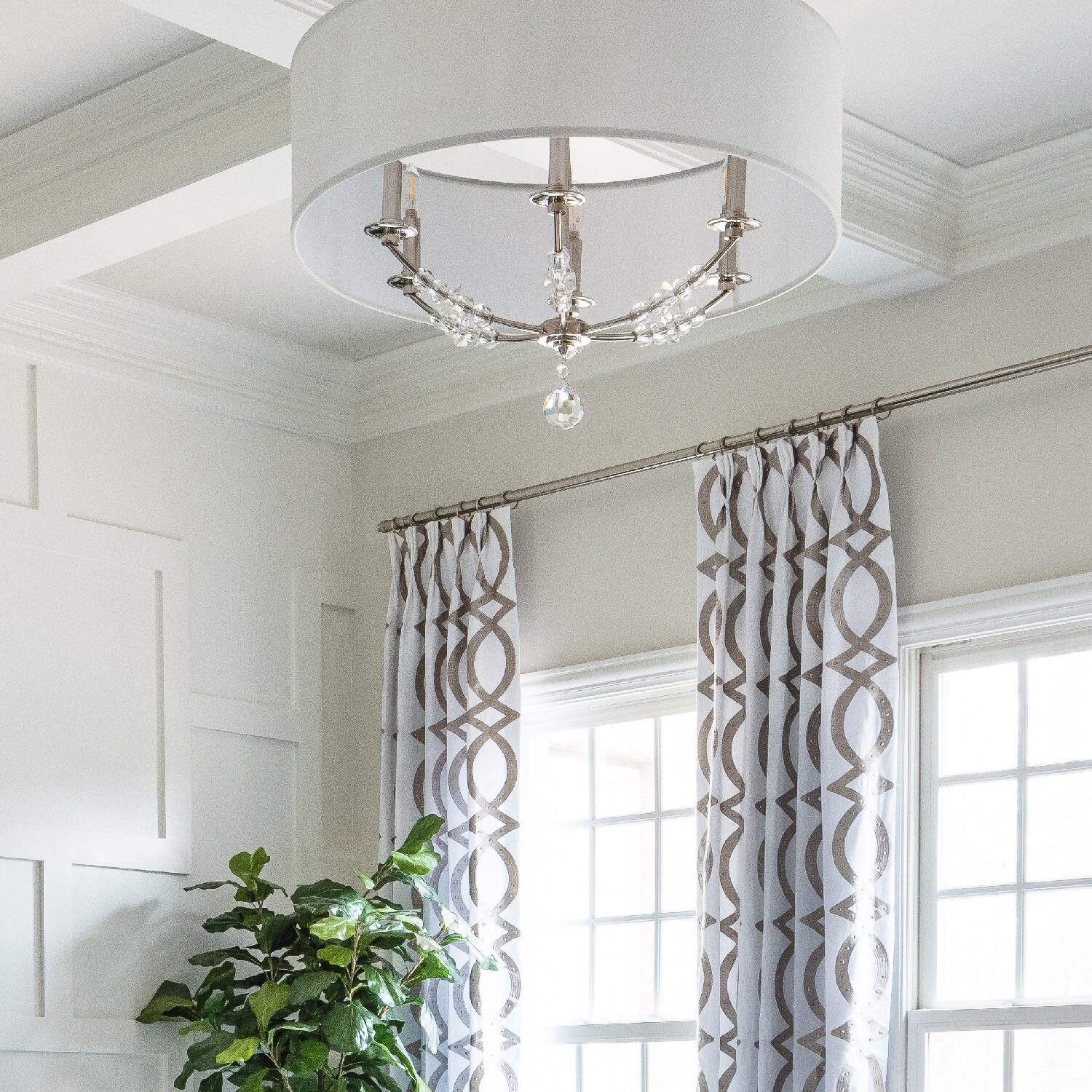 Shown in Polished Nickel finish and White Linen glass and White Linen shade