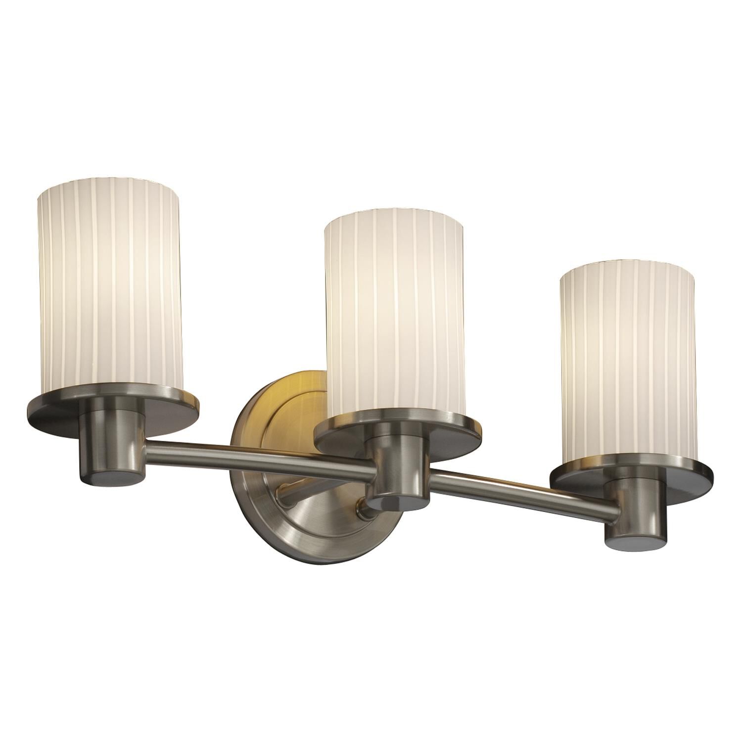 Shown in Brushed Nickel finish and Artisan glass and Ribbon shade and Cylinder with Flat Rim accent