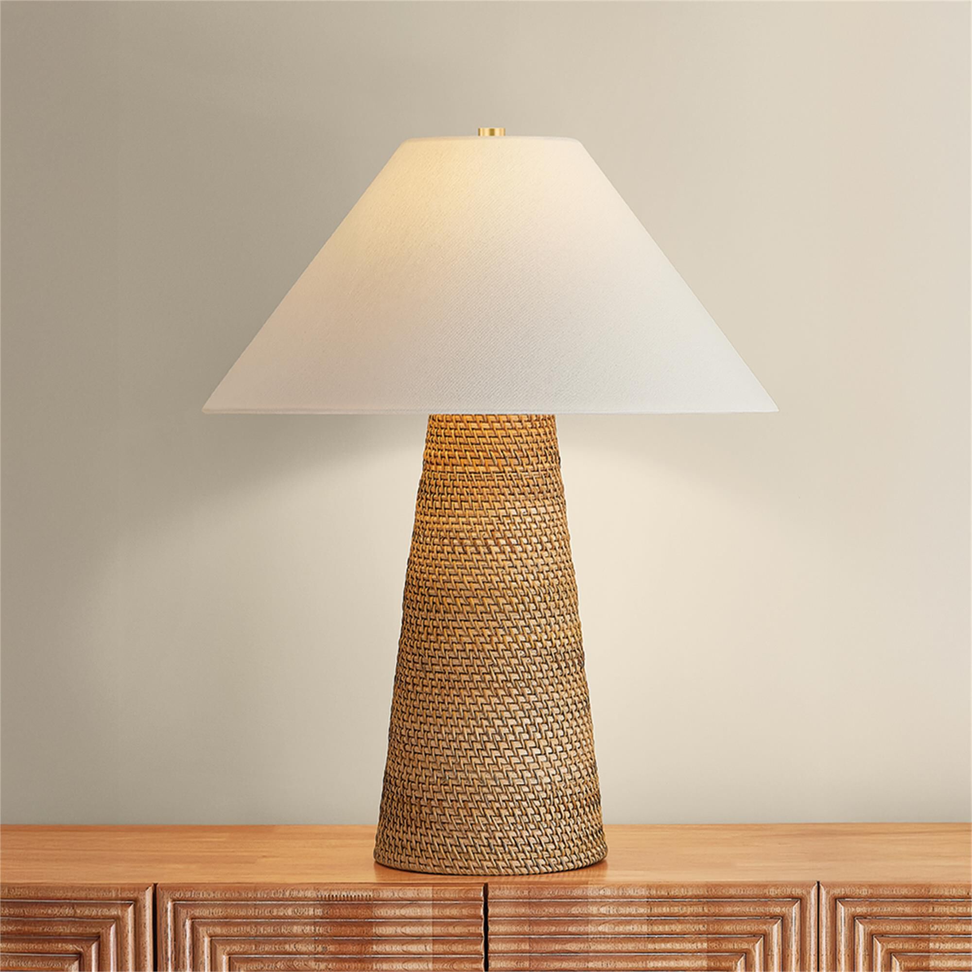 Shown in Aged Brass finish and Rattan Natural Woven shade